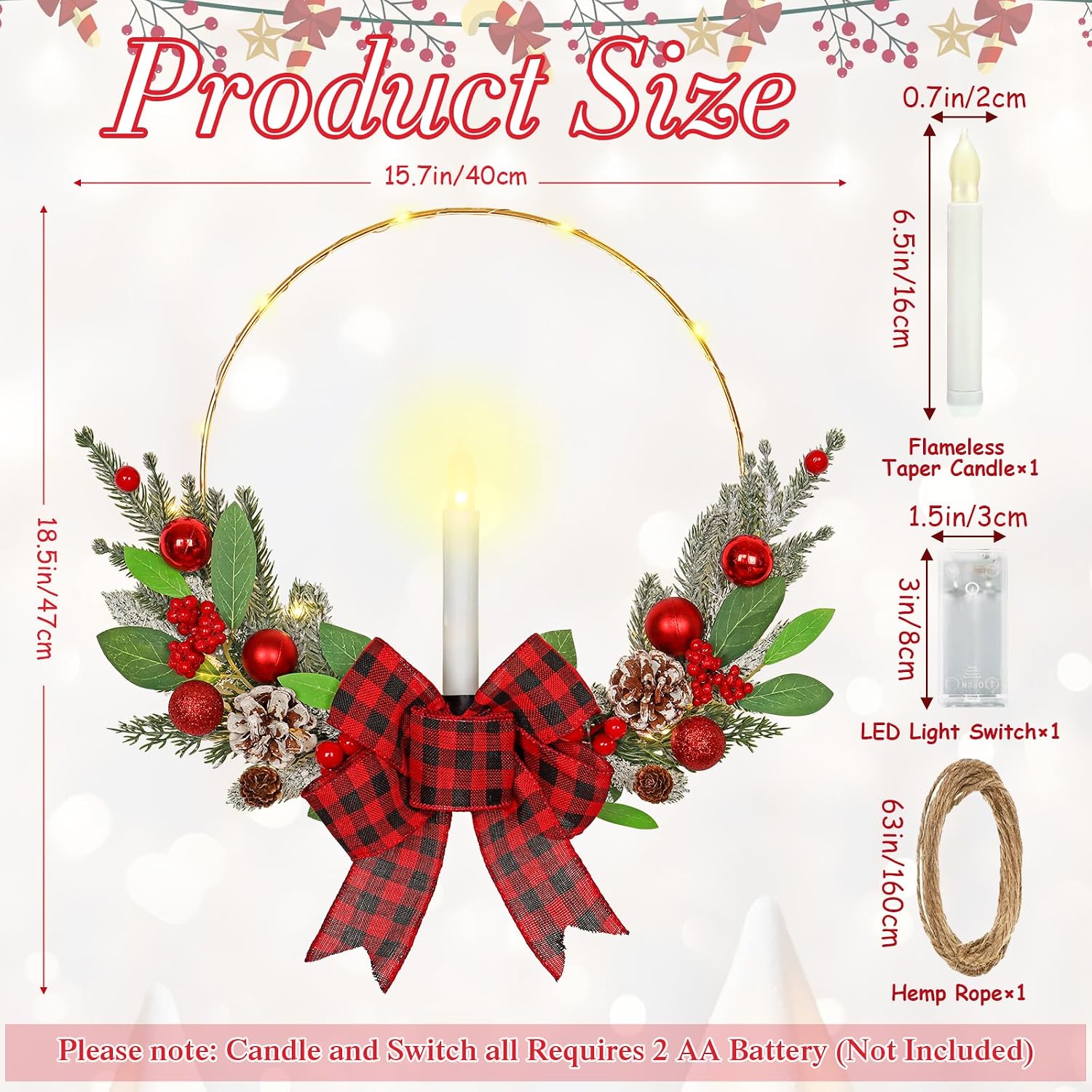 SOMYTING Christmas Wreaths for Front Door with LED Taper Candles, Pre-Lit Christmas Hoop Wreaths Window Wreath Outdoor Winter Wreath for Home Holiday Christams Decoration