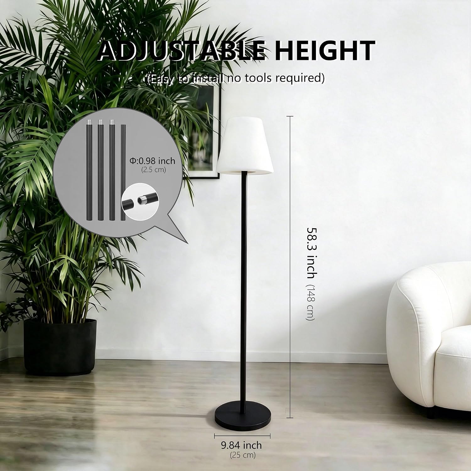 Outdoor Solar RGB Floor Lamp, IP65 Waterproof, Remote Control & Detachable Height Adjustable, LED Standing Lamp with White & RGB Lights, Solar + USB Dual Power for Patio Garden Living Room