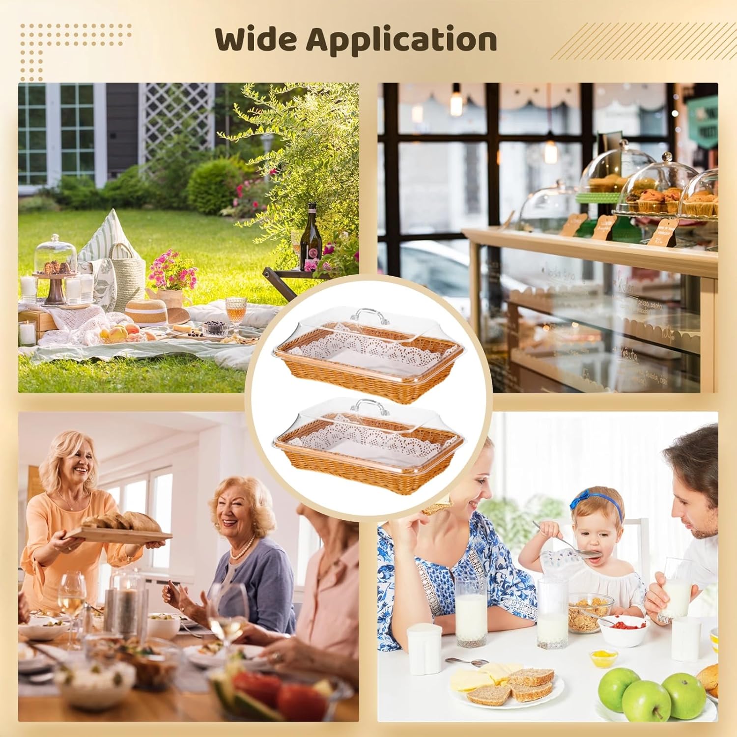 2 Pack Large Wicker Bread Basket with Lid, 13.8''×9.6'' Rectangular Plastic Imitation Rattan Woven Serving Basket with 2 Stainless Steel Tongs＆150 Paper Liners for Food Baking Display