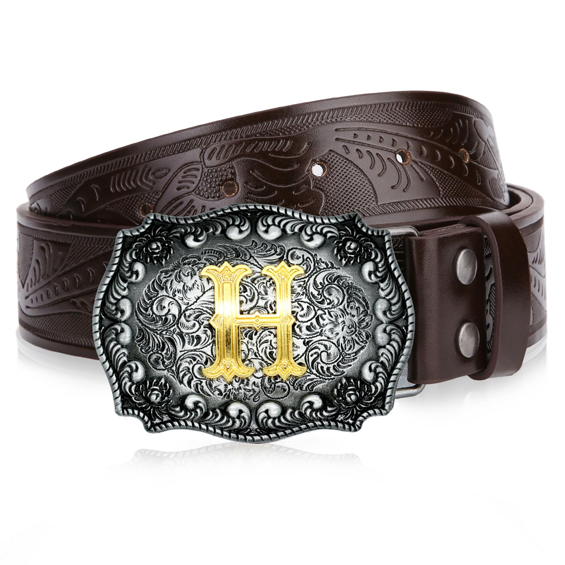 LCG LUCHENGYI Mens Western Cowboy Cowgirl Faux Leather Belt Longhorn Bull Pattern Letter Big Buckle Embossed Floral Belts