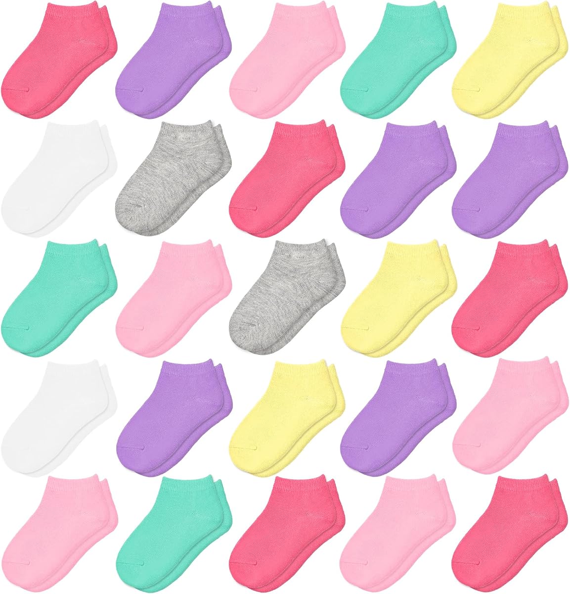25 pares de calcetines tobilleros para niñas pequeñas, suaves, de corte bajo, para niños de 1 a 14 años | Conjunto de calcetines tobilleros No Show para niñas, transpirables, ligeros, escolares, deportivos, paquete múltiple, rosa, morado, blanco