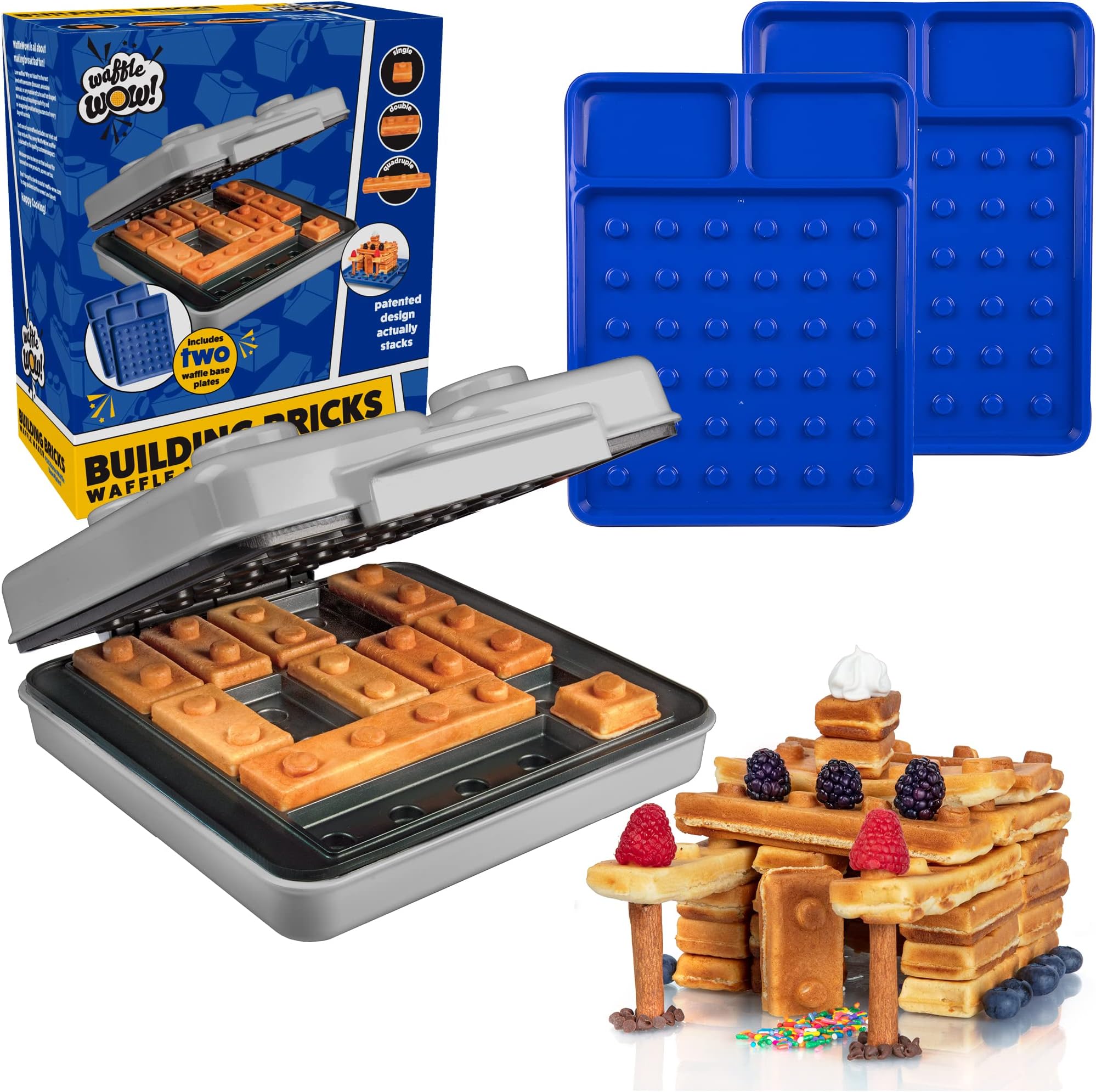 Building Brick Electric Waffle Maker- GREY with 2 Construction Eating Plates- Cook Fun Buildable Waffles in Minutes Like Houses, Cars & More- Revolutionize Breakfast - Stack & Build on Serving Dishes