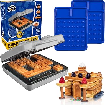 Building Brick Electric Waffle Maker w 2 Plates, Cook Fun Shaped Waffles | GREY with 2 Construction Eating Dishes- Build Houses, Cars & More- Stack & Build Creations, Family Fun Kids Activity or Gift