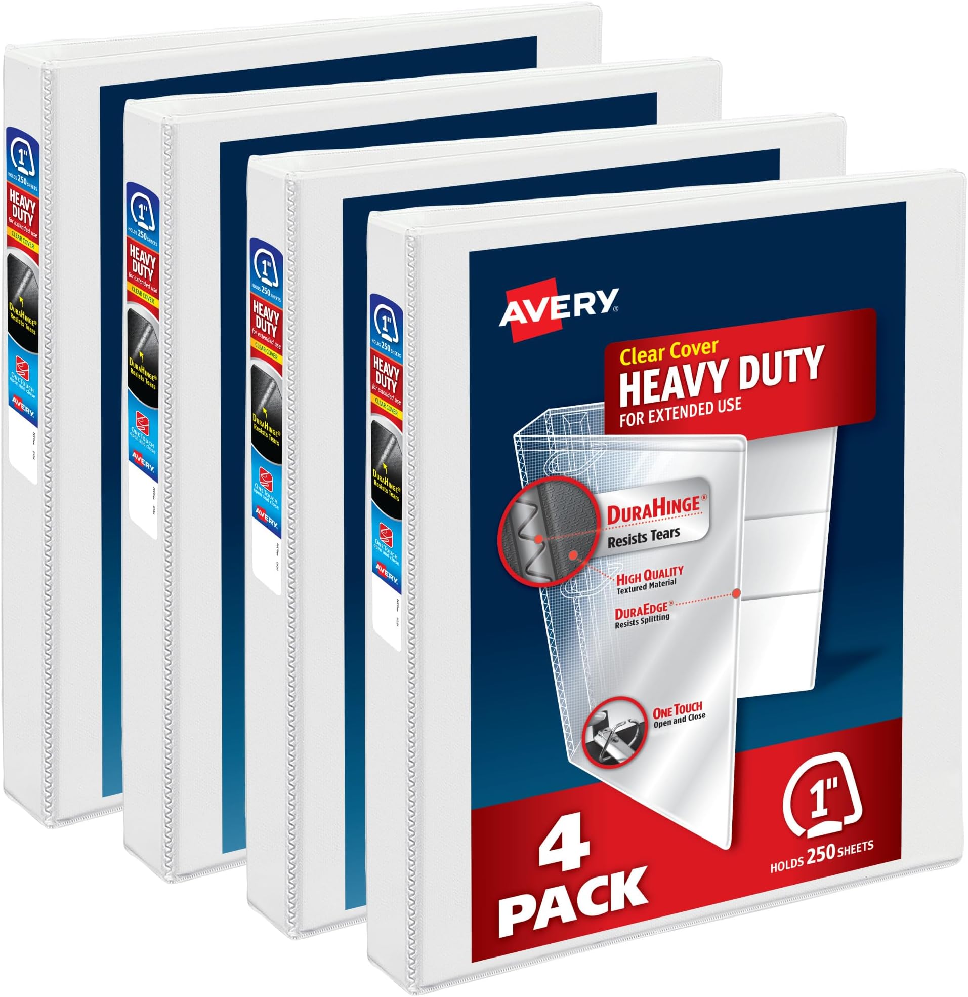 Heavy Duty View 3 Ring Binders, 1" One Touch Slant Ring, 250-Sheet Capacity, 1.4 Inch Wide Spine, Great for Home, School Supplies, Office, or Organization Needs, White Binders (4-Pack of 79780) | For Heavy School, Home and Office Use, DuraHinge Tear-Resistant Spine, DuraEdge Split-Resistant Edges, Clear View Covers