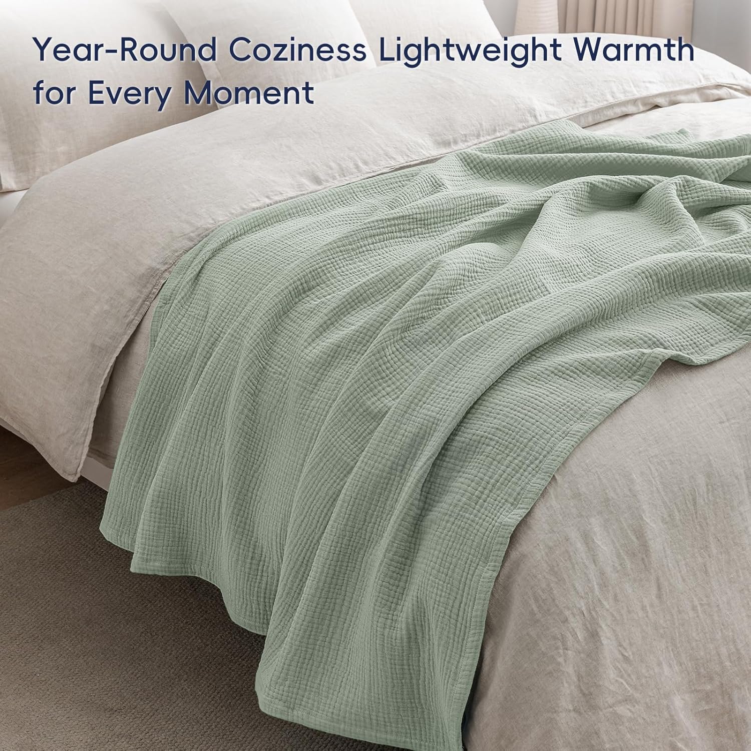 PHF 100% Cotton Muslin Throw Blanket 50" x 60", 4-Layer Lightweight Gauze Throw, Breathable Cloud-Soft Minimalist Blanket for Bed, Couch, Camping & Baby, Sage Green, Ideal Gift - Image 5