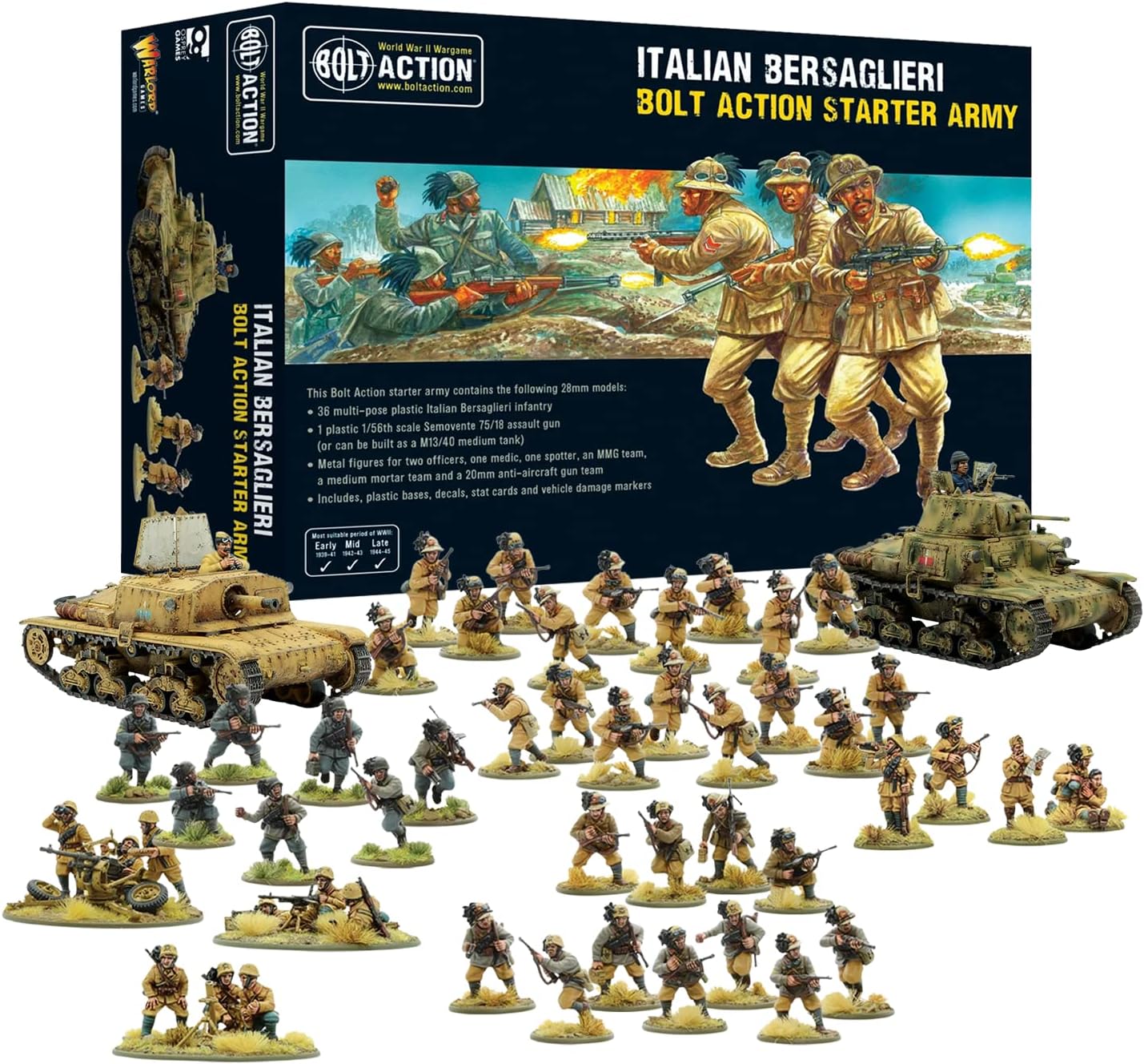 Wargames Delivered - Bolt Action Italian Bersaglieri Starter Army 28mm Miniatures 36 Infantry, Model Tank, Decal Sheet, Bases, Digital Bundle - Action Figures Plastic Model Kits by Warlord Games