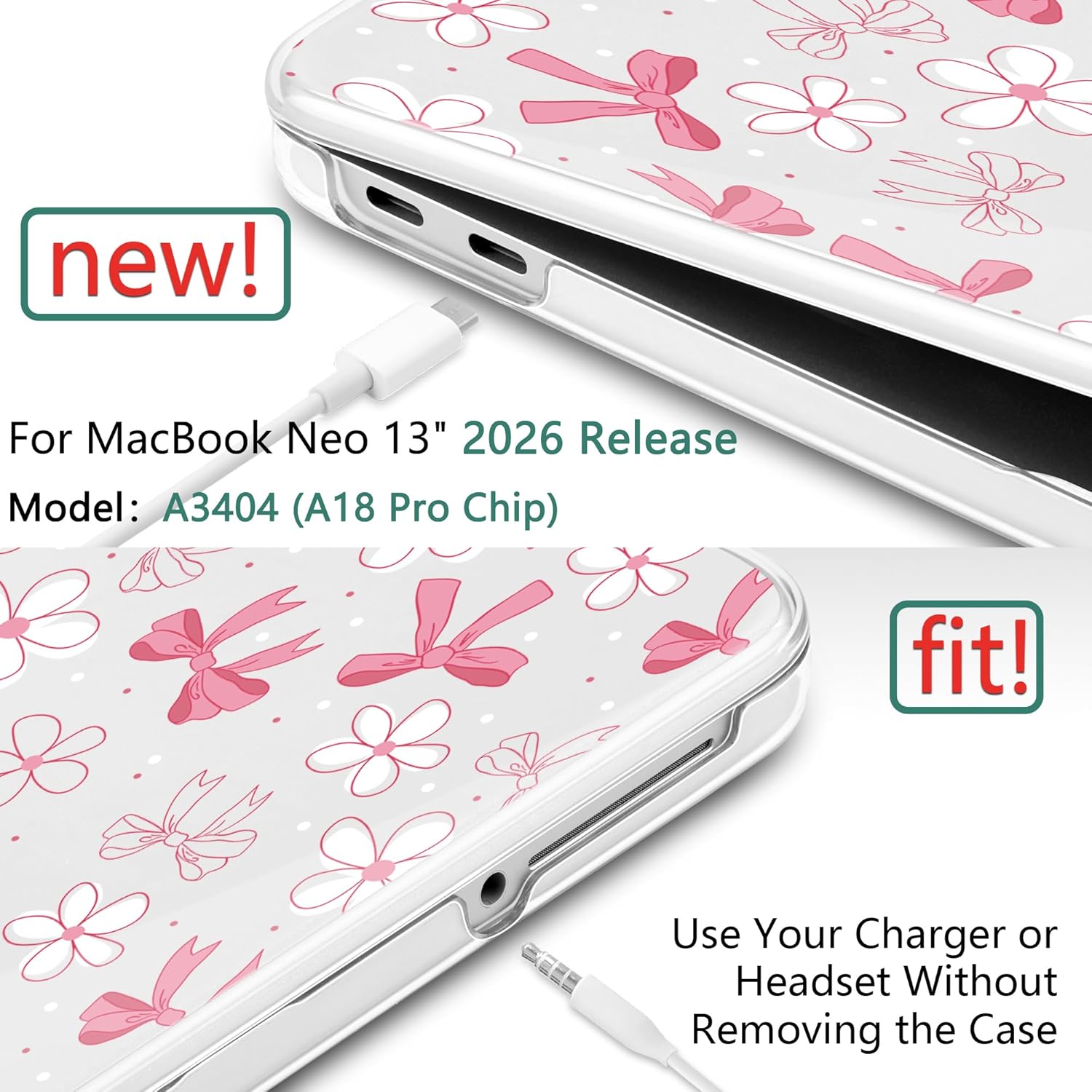 DONGKE Compatible with MacBook Neo 13 Inch Case 2026 A3404 A18 Pro chip & Touch ID, Plastic Hard Shell with Keyboard Cover, Screen Protector & Dust Plugs, Bow & Daisy
