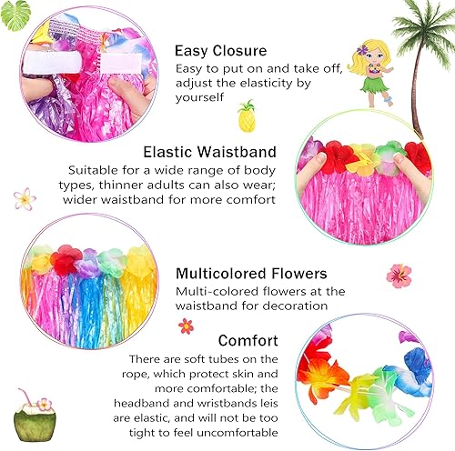 Miniatura 3 de Juego de 2 conjuntos de falda elástica hawaiana de hierba de baile de hula con flores para fiesta de playa tropical Luau