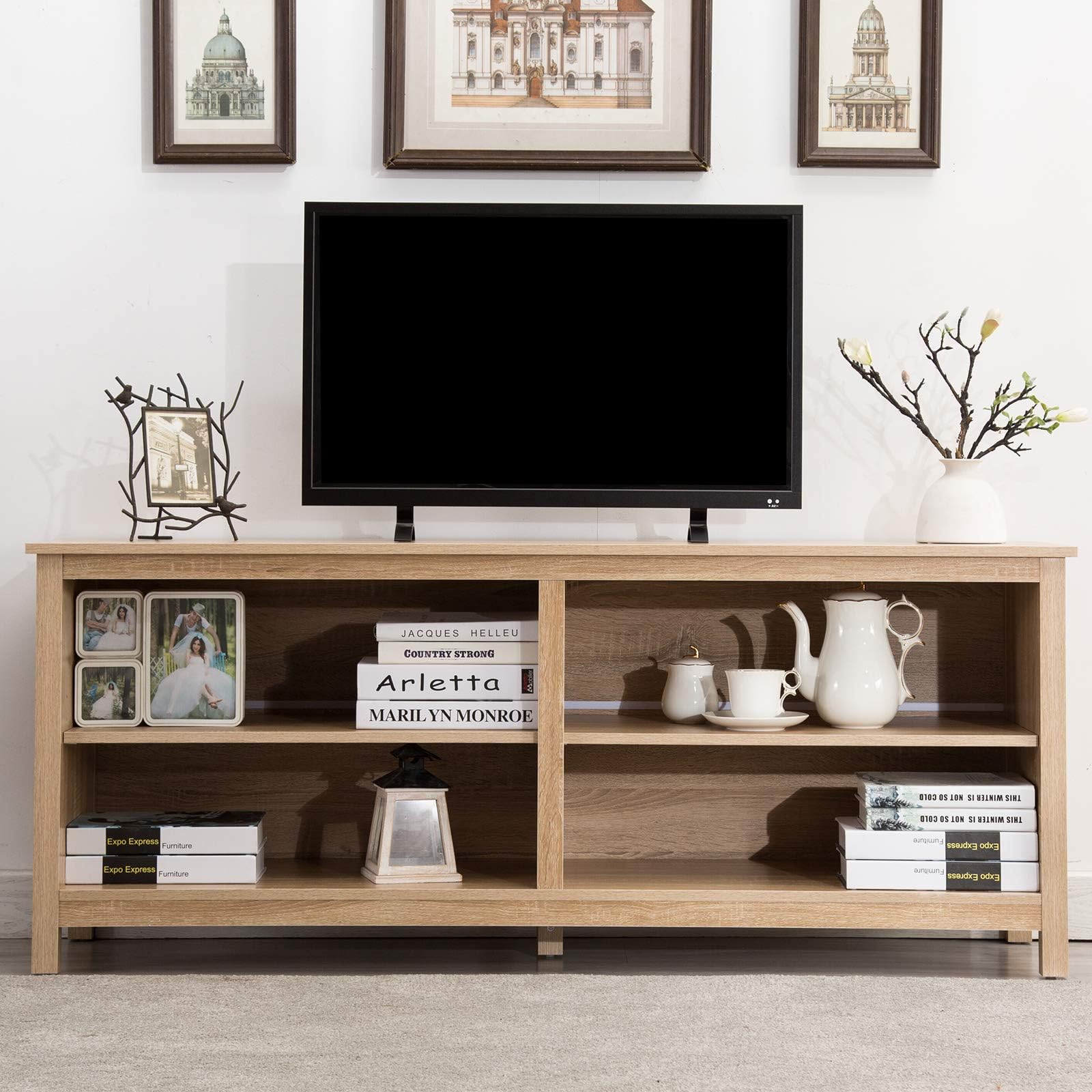 LAGRIMA 58'' Wood TV Stand Storage Console Video Media Console Table with Storage (Brown)