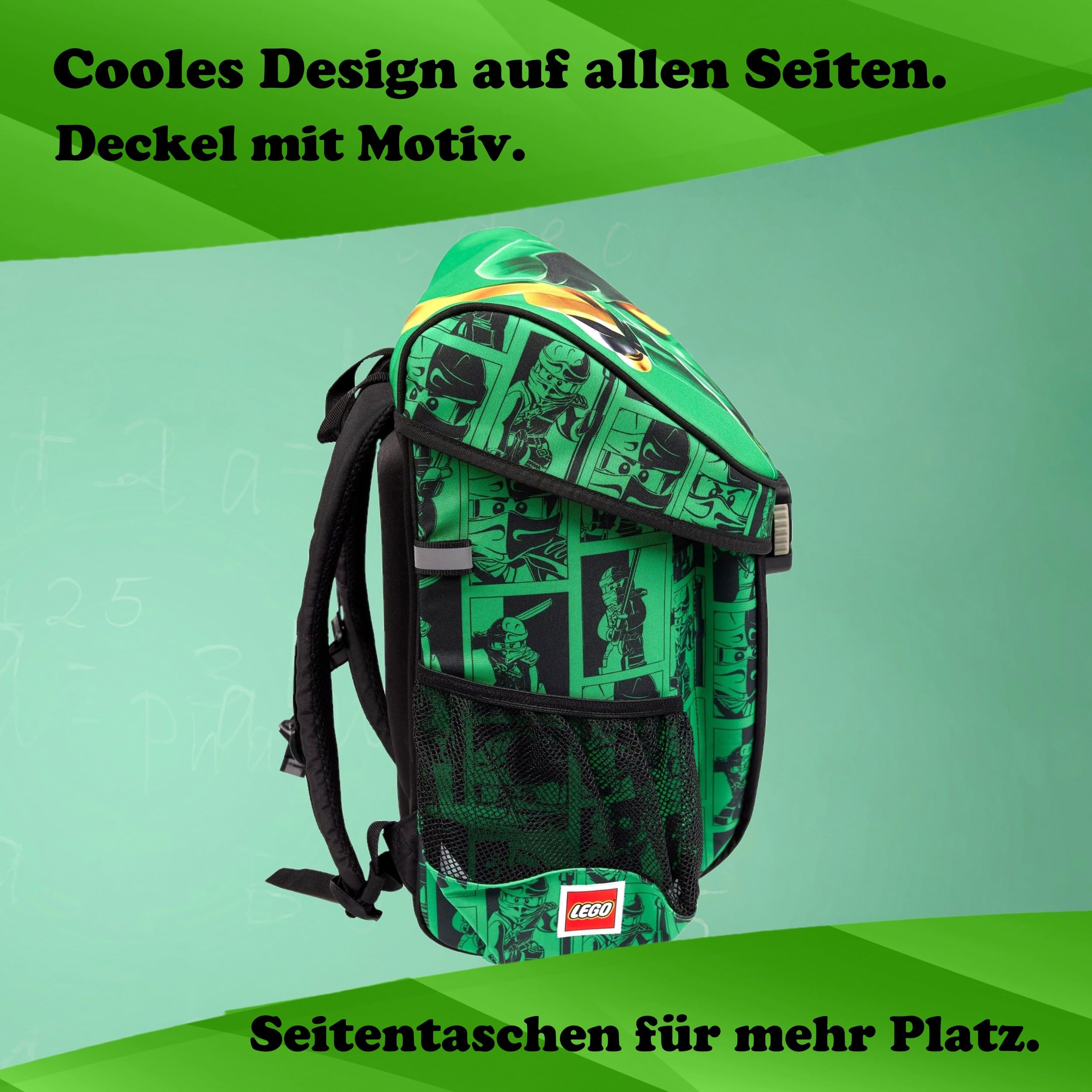 Familando - Schulranzen Set 9-teilig mit Sporttasche - Ninjago Grün - Ergonomisch, stabil & mit gepolstertem Rücken - 790g leicht mit 16L Volumen - wasserabweisend und mit Reflektoren - Ab 1. Klasse