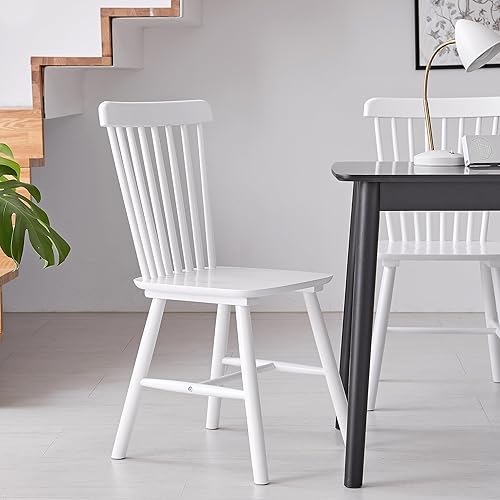 Miniatura 6 de Livinia Aslan - Juego de dos sillas de comedor de roble malasio, sillas laterales de madera con respaldo de eje alto de granja (blanco)