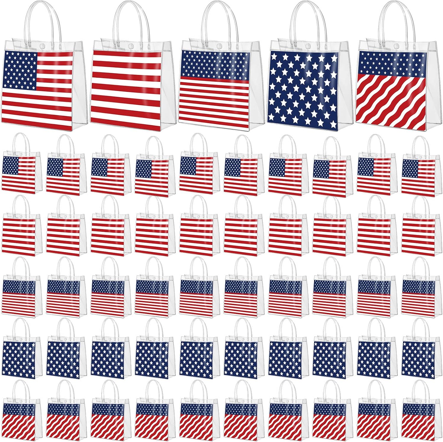 Canchiing 50 Pcs 4th of July Clear Gift Bags with Handles Reusable Patriotic Red White Blue Goodie Bags American Flag PVC Gift Candy Totes for 250th Anniversary Party Supplies, 7.9 x 7.9 x 3.1