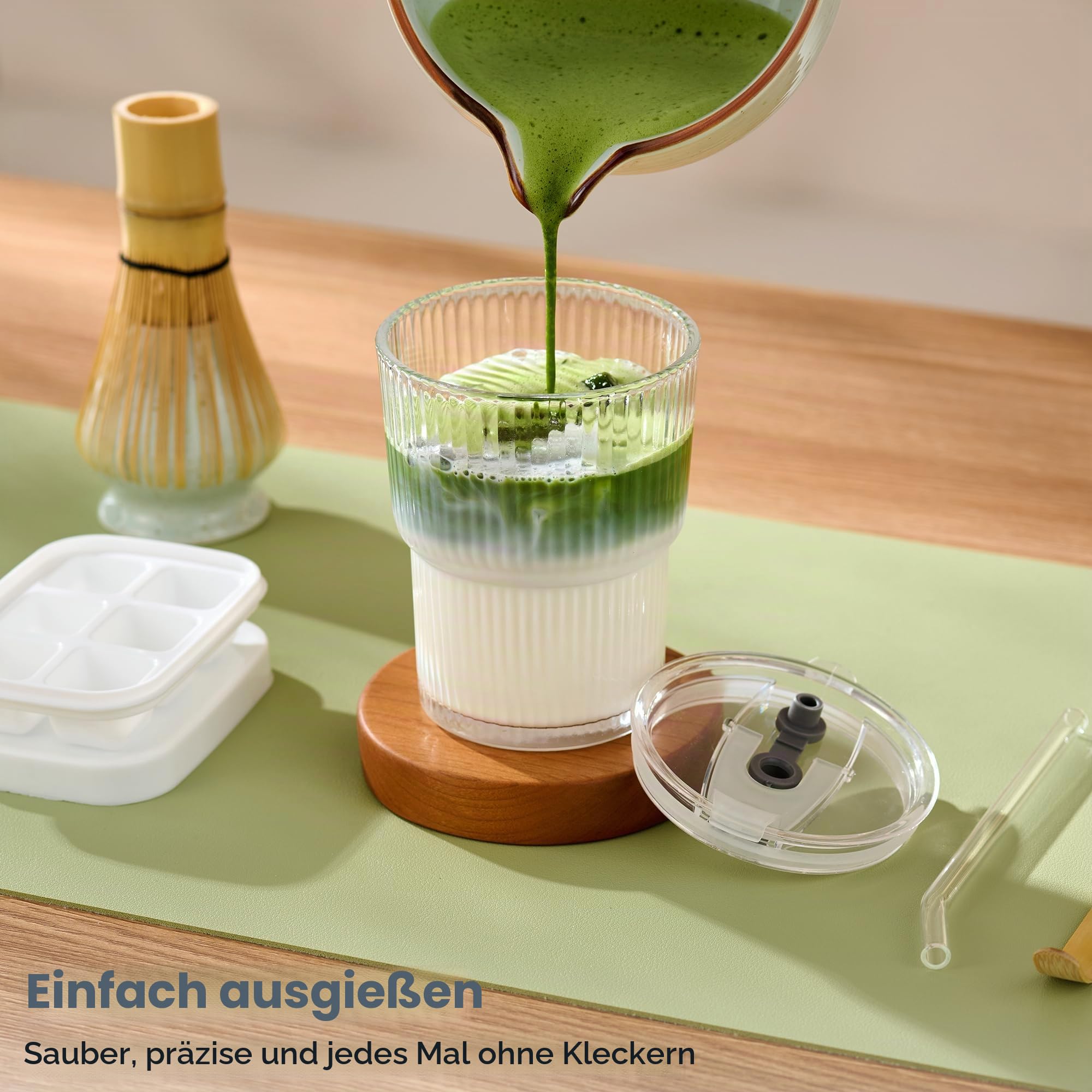 ComboJoy Matcha-Besen-Set, komplettes Matcha-Set mit Schale, Bambusbesen und Halter, Löffel, Sieb, Glas mit Deckel und Strohhalm, Eiswürfelform – Geschenkset für Matcha-Liebhaber