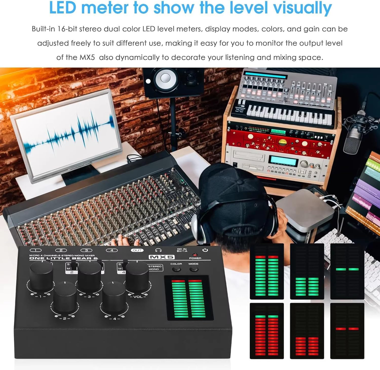 Mezclador de audio de 4 canales con medidor de nivel LED integrado, ganancia ajustable, conector de auriculares de 3.5 mm, diseño de bajo ruido para clubes y bares pequeños