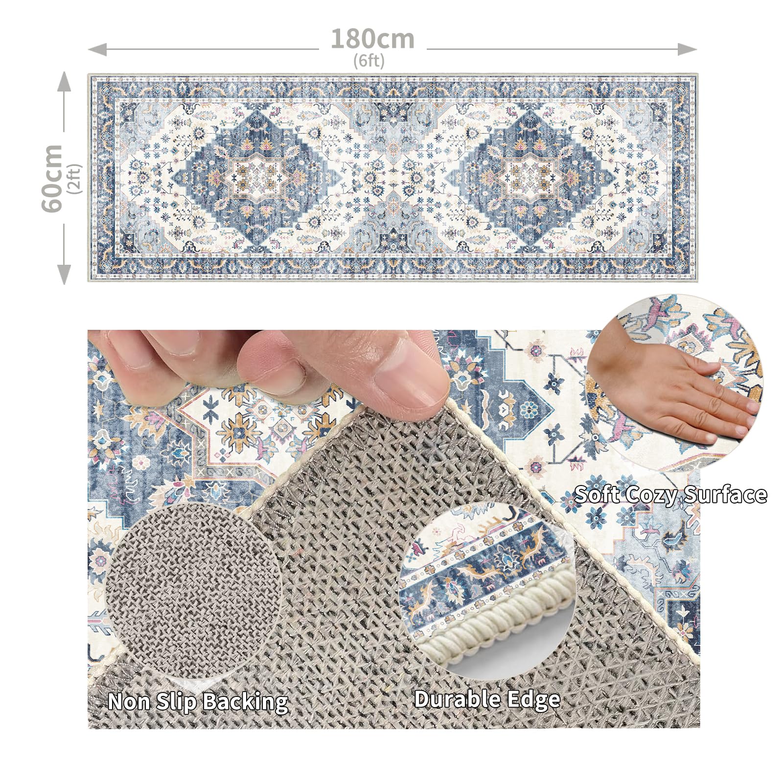 Cycleader 60x180cm Non-Slip Washable Runner Rug for Hallway Vintage Boho Faux Cashmere Carpet Anti-Fatigue Kitchen Rugs Indoor Soft Long Floor Mat Low Pile Runners with Anti-Slip Backing for Bedroom - Image 2