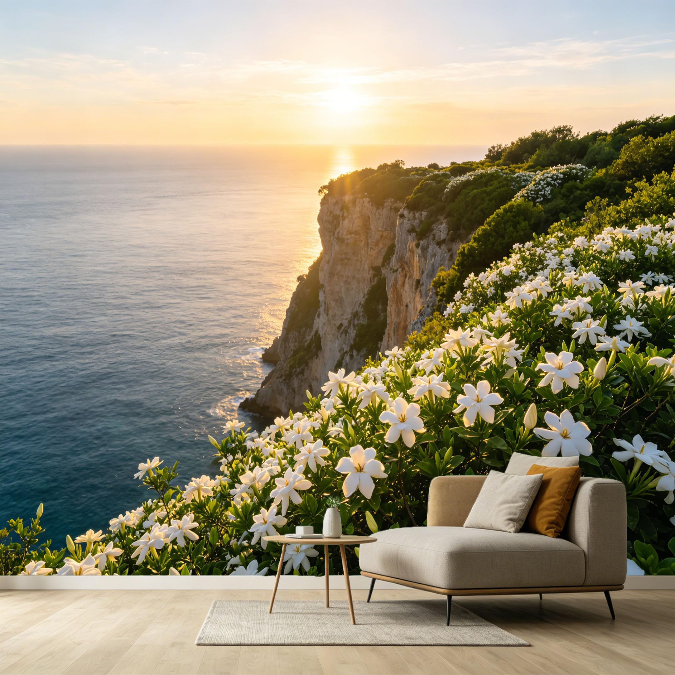 Custom Size Wall Murals Coastal Botanical Ocean Sunset Cliff White Flowers Oil Painting SelfAdhesive Wall Fabric Removable Large Wallpaper for Photo Living Room