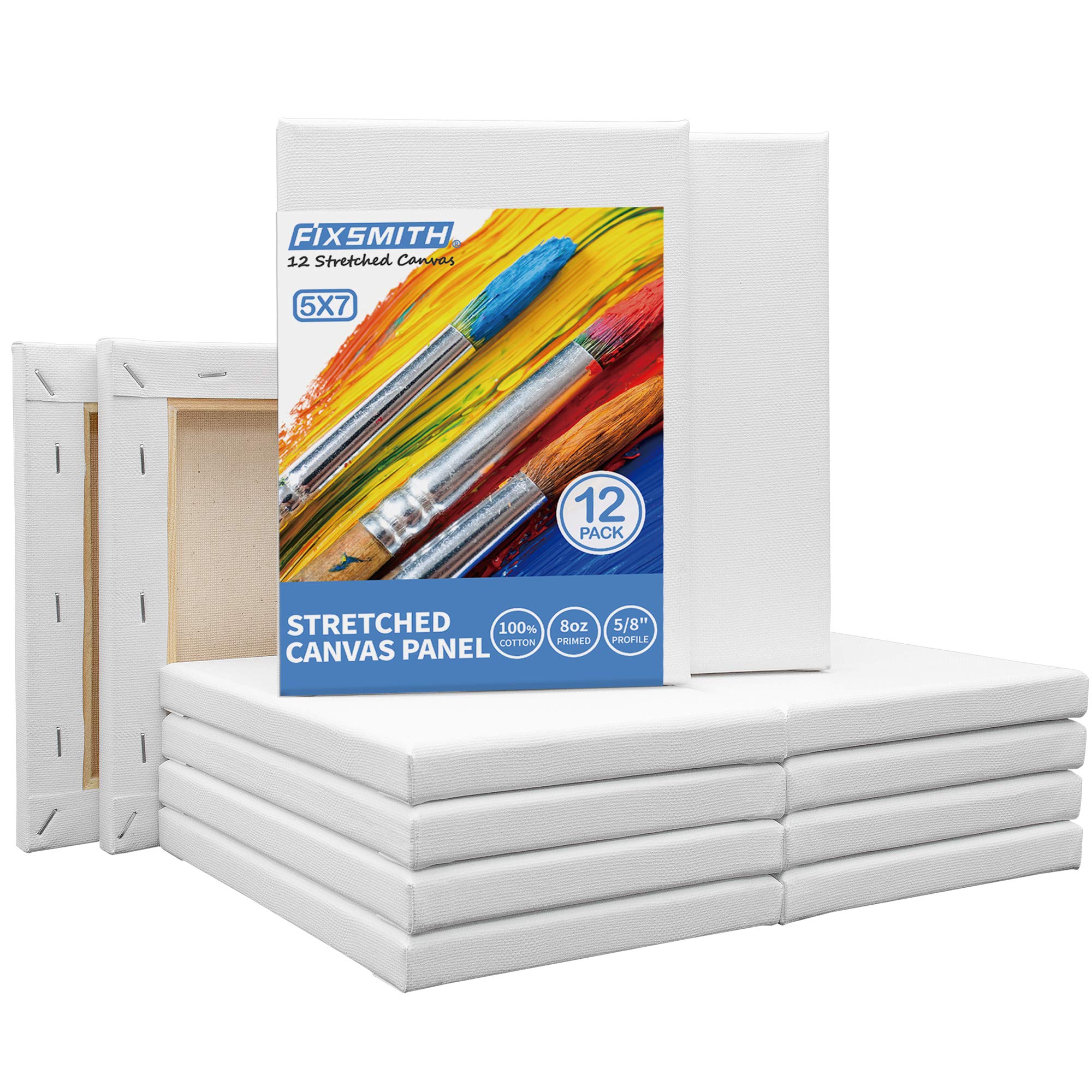 FIXSMITH 5x7 Stretched Canvas for Painting, Pack of 12,Primed Canvases