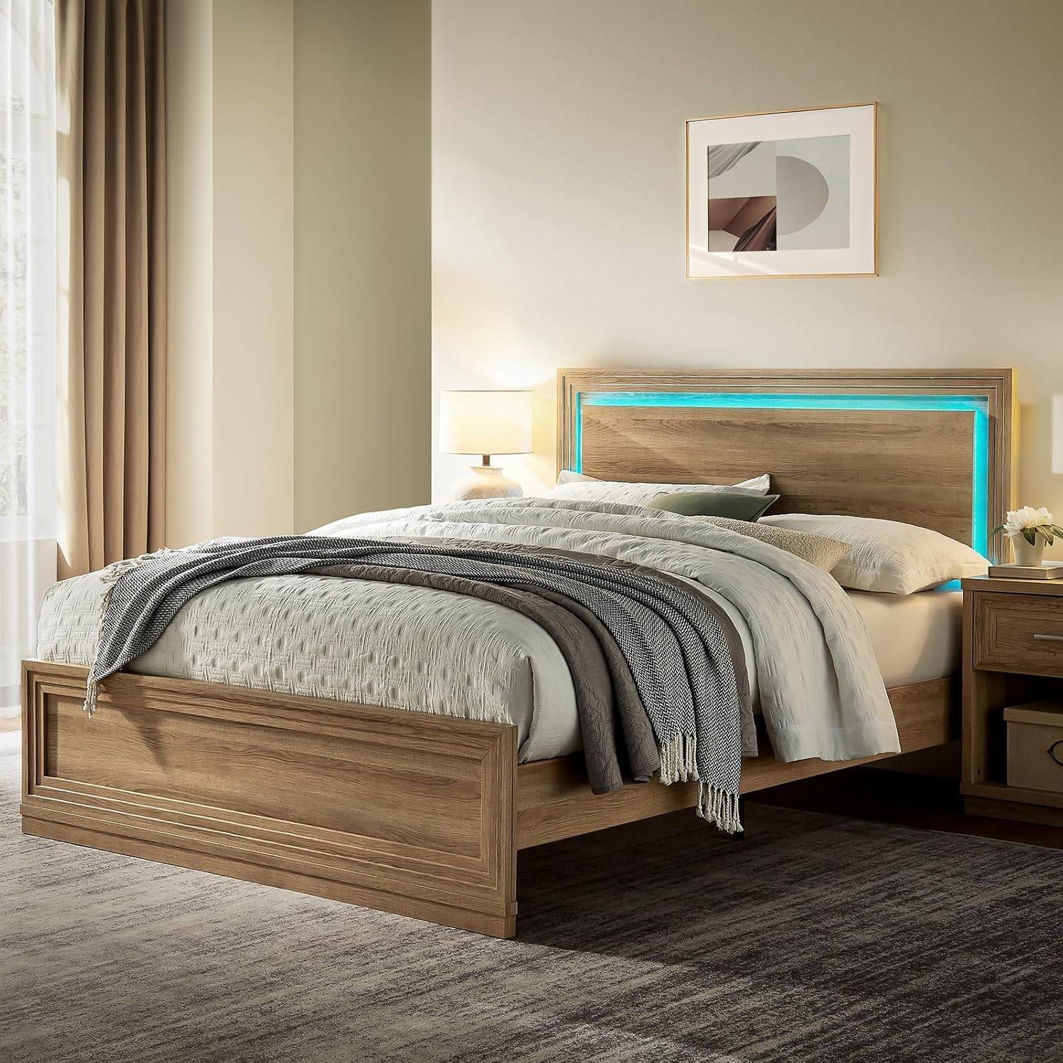 Queen Bed Frame with Headboard, Farmhouse Wood Queen Bed with RGB LED Light, Wood Slats Support, Noise-Free, Sturdy Structure, Easy Assembly (White)