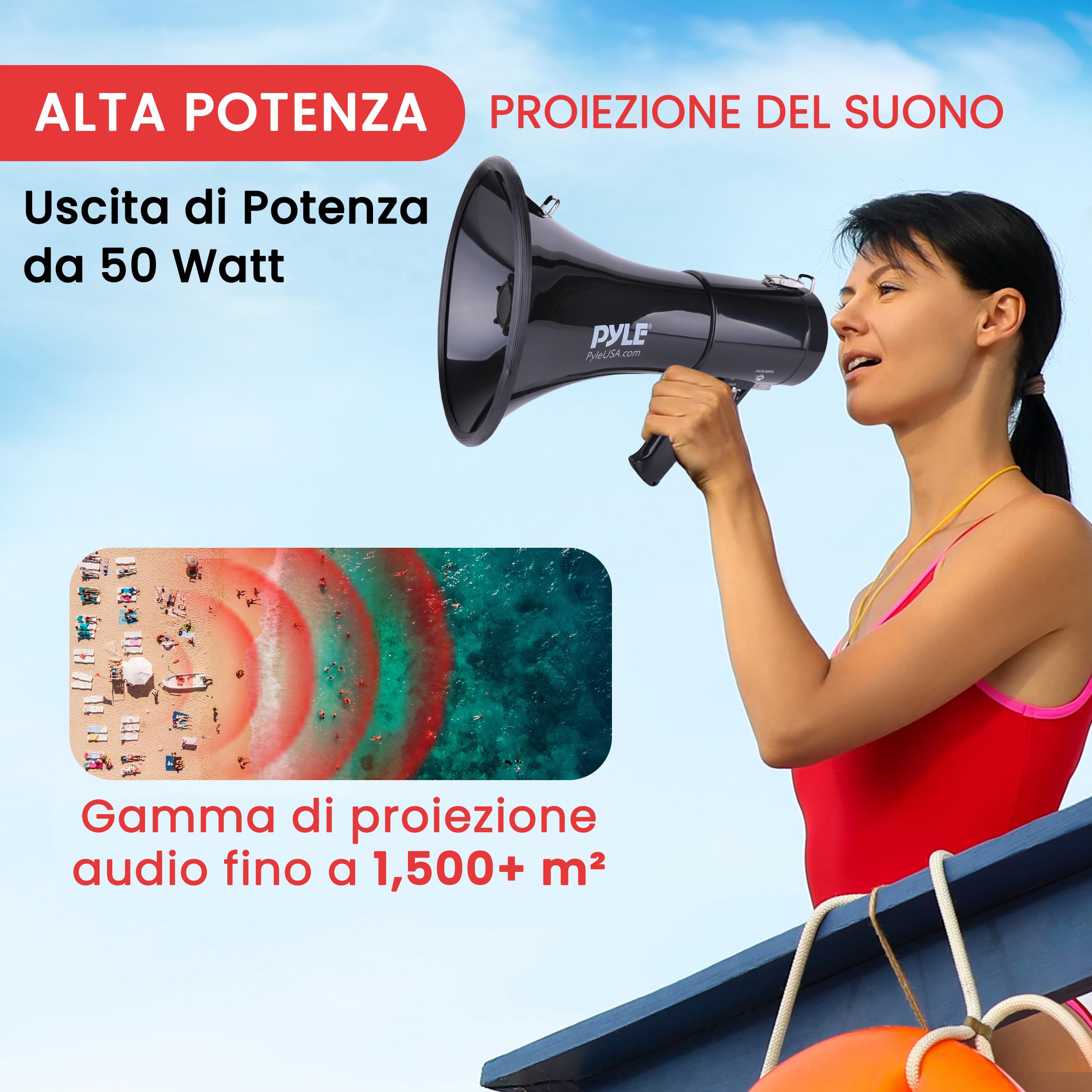 Pyle Megafono con Sirena Integrata 50 Watt e Megafono Portatile Volume Regolabile per Sport, Calcio, Basket, Baseball, Fans e Allenatori di Cheerleading e Sicurezza, Nero