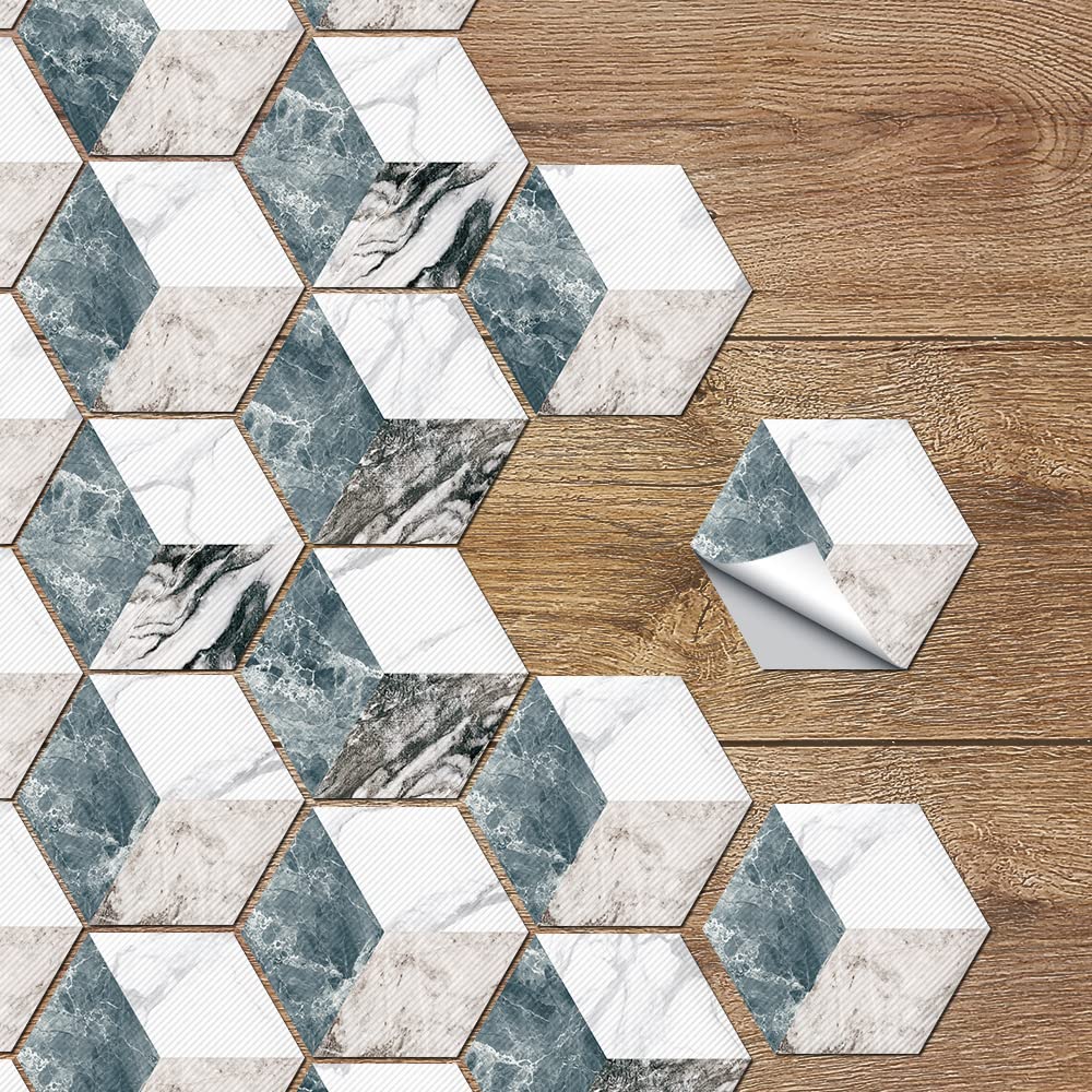 Alwayspon Vinyl Tiles Floor Sticker, Anti-Slip Waterproof Hexagon Kitchen Bathroom Floor Tiles Decals, Peel and Stick Self-Adhesive Wall Sticker, 7.87x9.05 x 30Pcs Set, Marble Effect