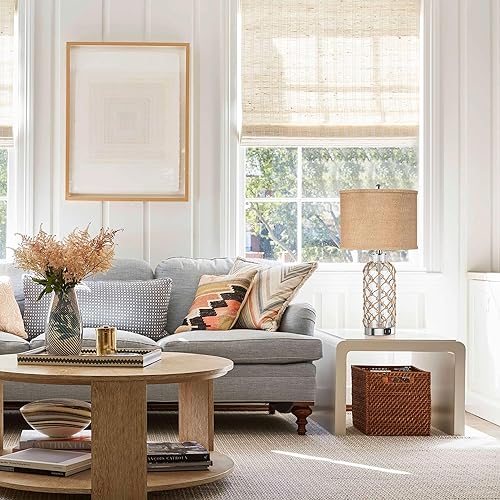 Miniatura 6 de PARTPHONER Moderna lámpara de mesa costera, florero de botella de vidrio transparente con red de cuerda y pantalla de tambor de arpillera, control