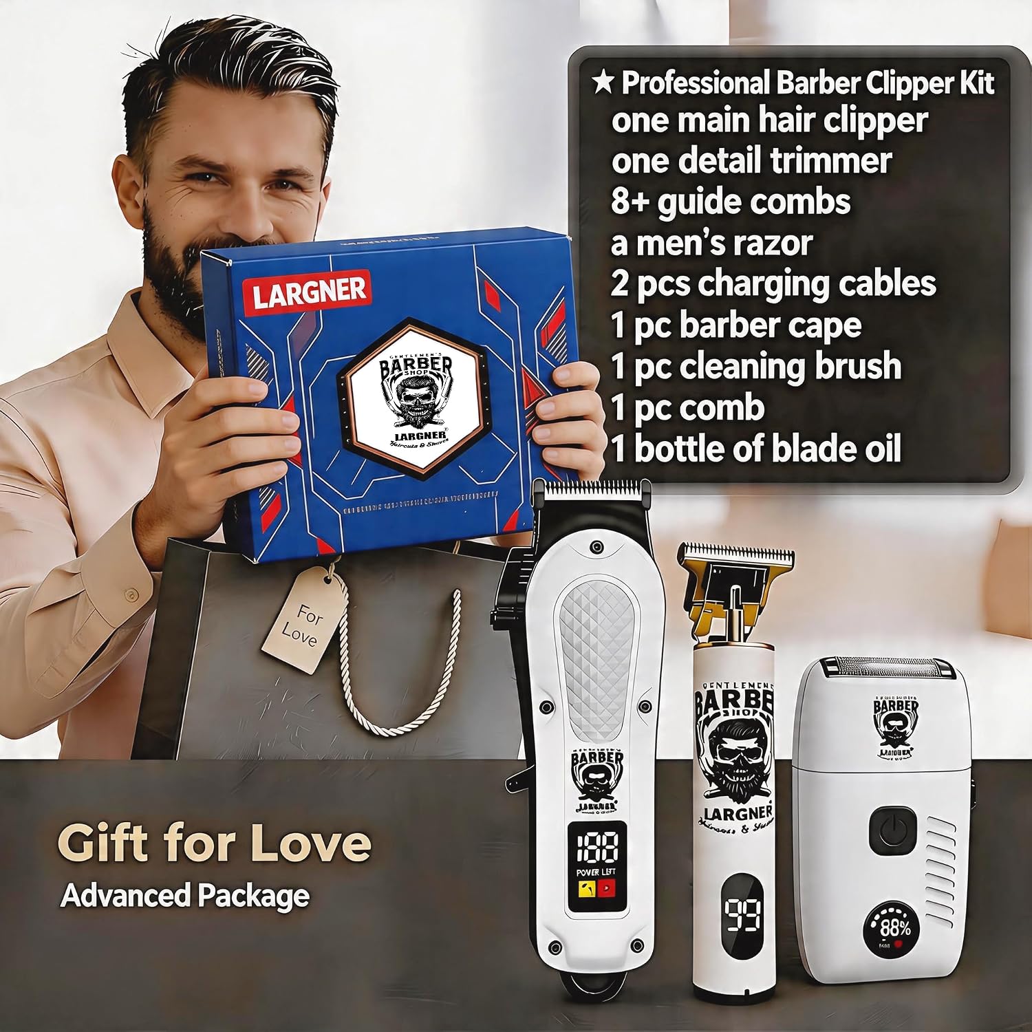 Hair Clippers for Men, Clippers and Trimmers Set, Barber Clippers, Electric Hair Trimmer with Box, Gifts for Men (White-3in1)