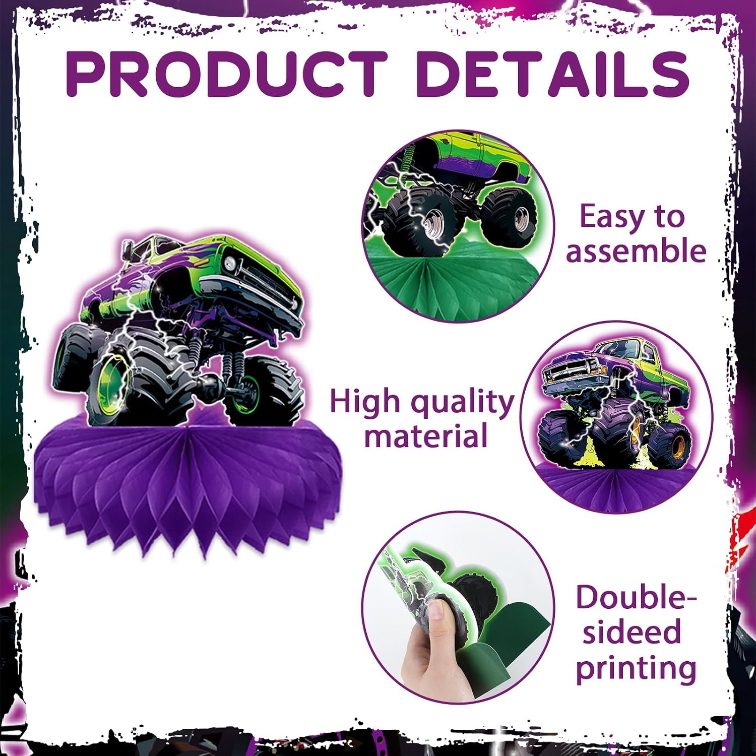 CHUNNIN 12PCS Green Purple Monster Truck Honeycomb Centerpiece image 4