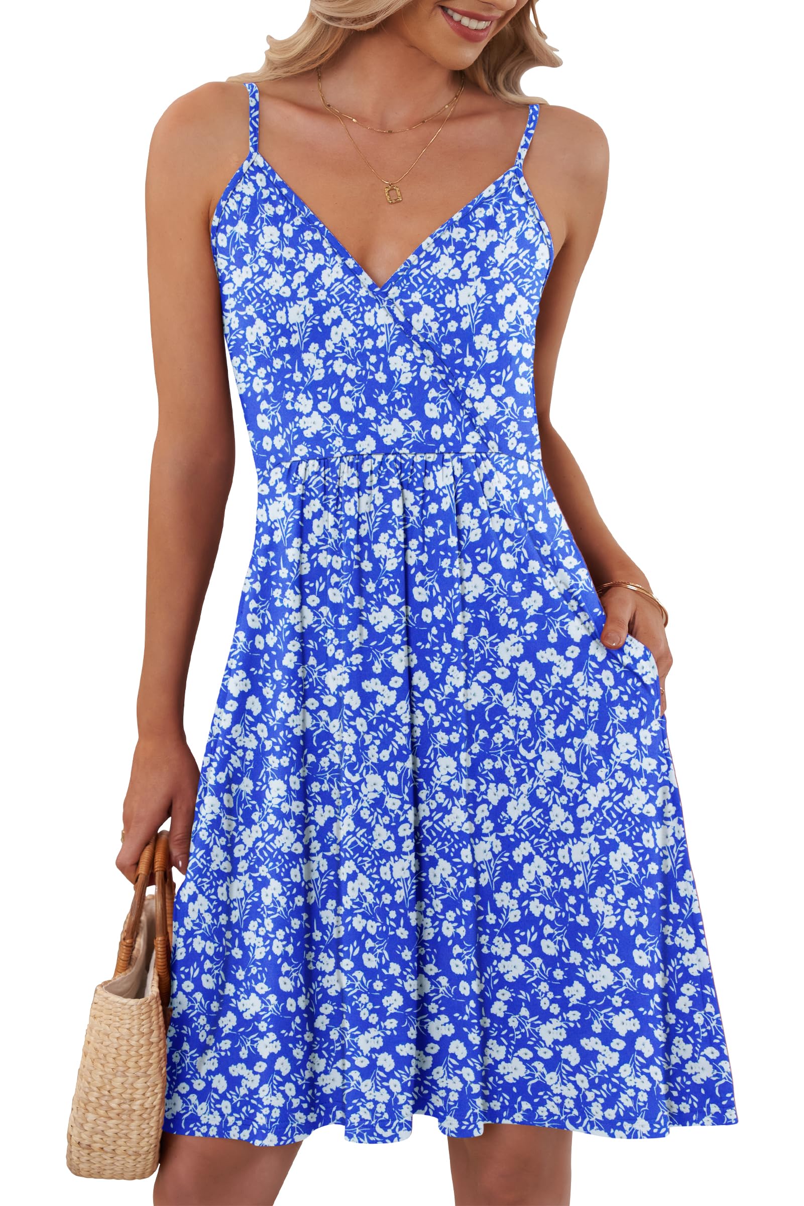 AUSELILY Summer Dresses for Women UK V Neck Spaghetti Strap Casual Dress Beach with Pockets Blue Flowers XL