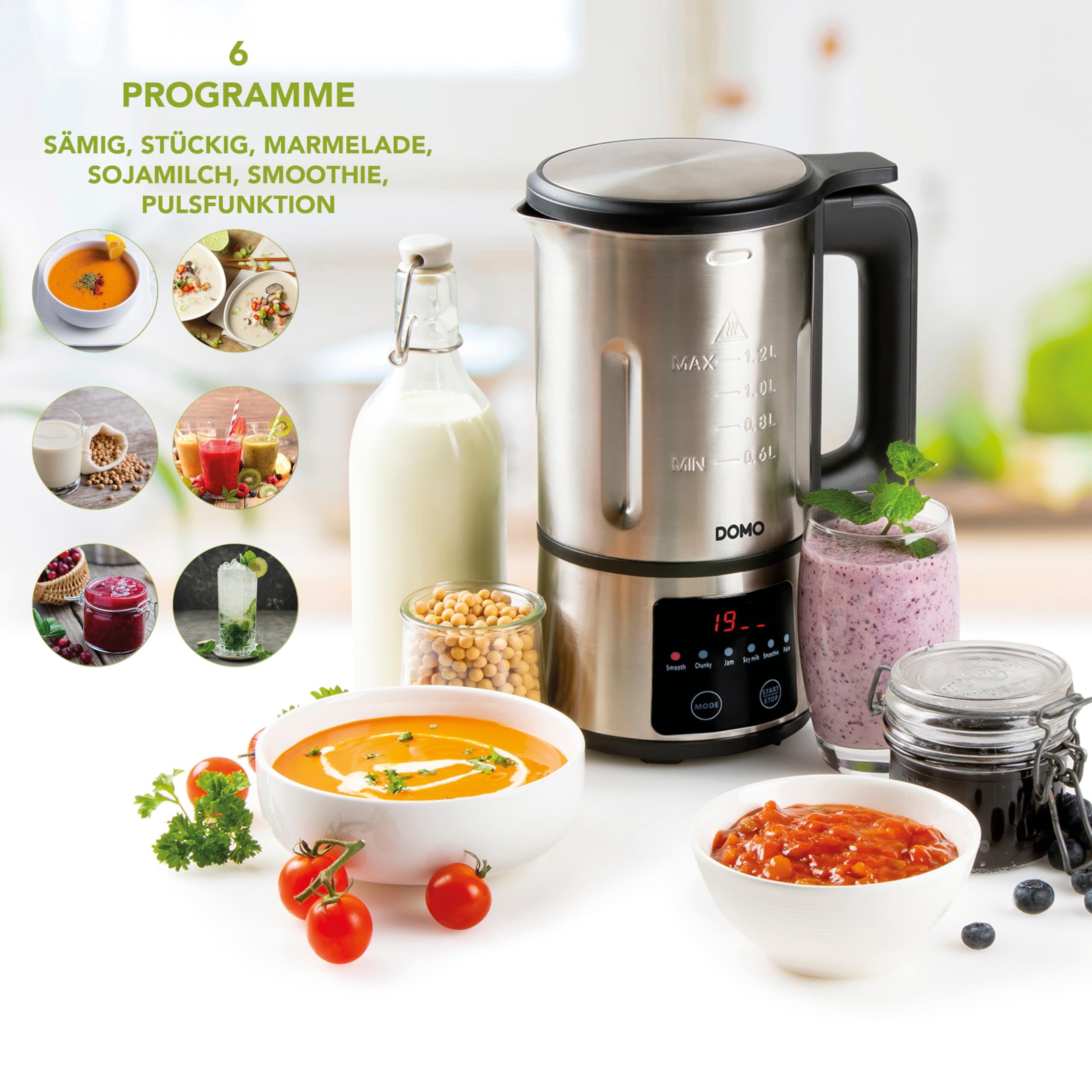 DOMO DO727BL Suppenmacher 1,2 L Standmixer Edelstahl Schwarz 6 Automatische Programme