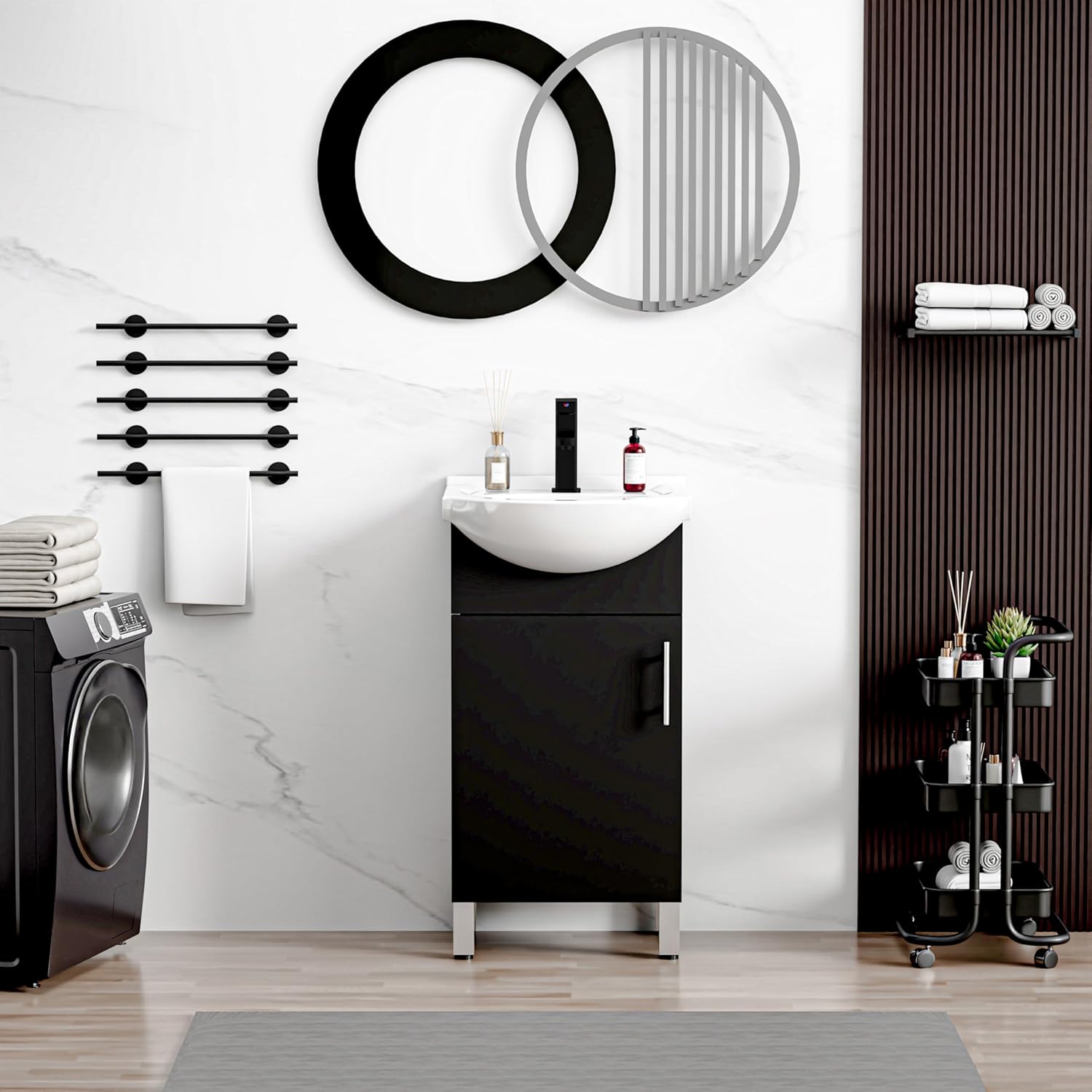 LUCKWIND 18 Inch Black Laundry Sink Cabinet Set with Ceramic Belly Bowl Sink and Faucet - Bathroom Vanity Combo, Ceramic Utility Sink for Laundry, Utility Room, Bathroom, Kitchen