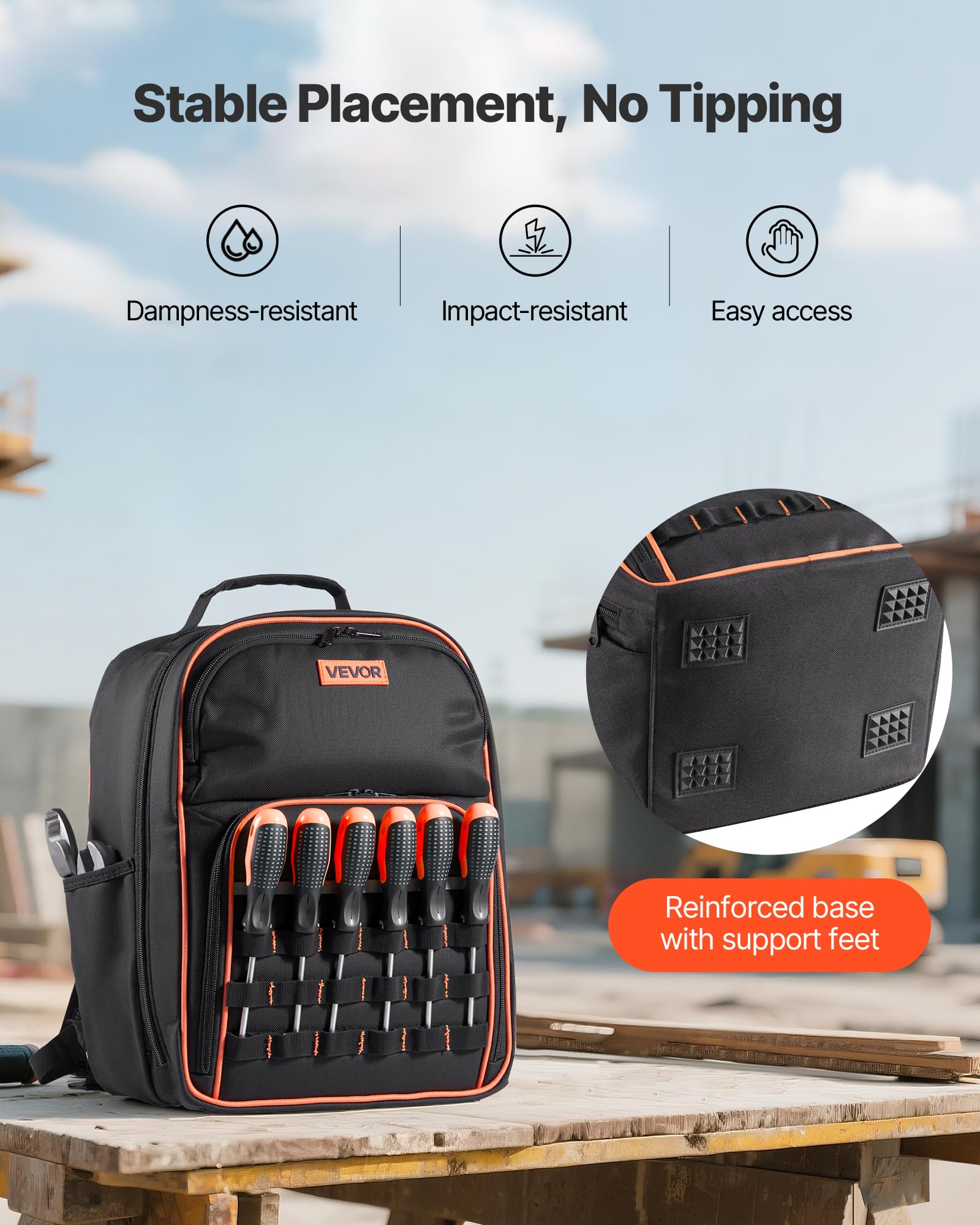 VEVOR Zaino Portautensili, 49 Tasche, Organizzatore per Attrezzi Pesanti, Zaino da Lavoro con Scomparto per Laptop e Base in Tessuto, Borsa da Cantiere per Elettricisti, Riparatori e Tecnici HVAC