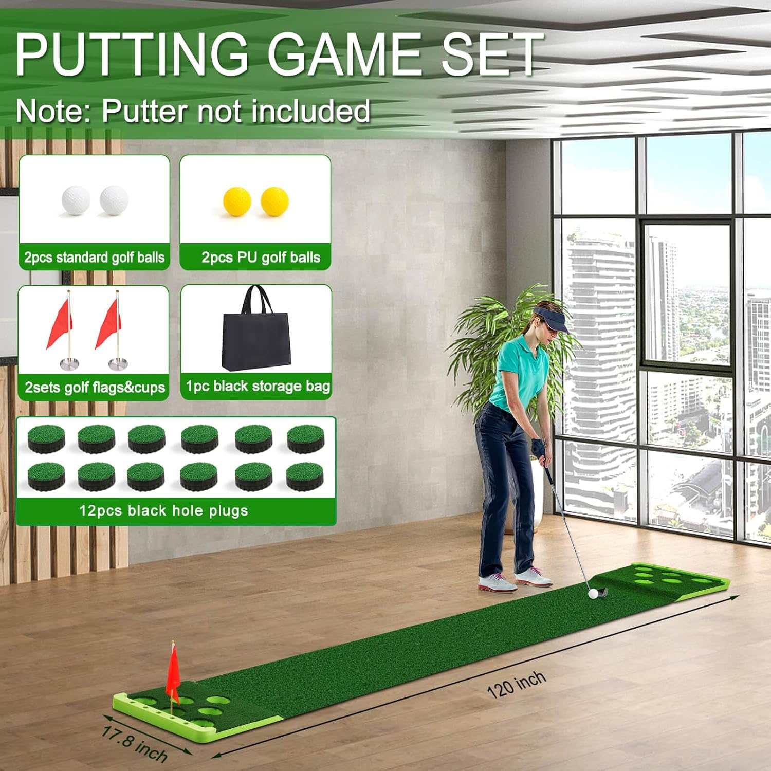 Golf Putting Game Set with Front Border for Indoor & Outdoor,Golf Putting Green Mat Include 4 Balls,1 Portable Bag,2 Flags&Cups,Practice Training Aid for Backyard,Party,Office