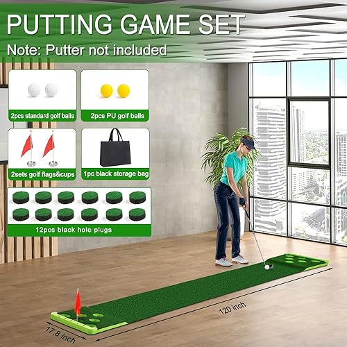 Miniatura 5 de Sagsewful Juego de putting de golf con borde frontal para interiores y exteriores, tapete verde para poner de golf, incluye 8 pelotas de golf y