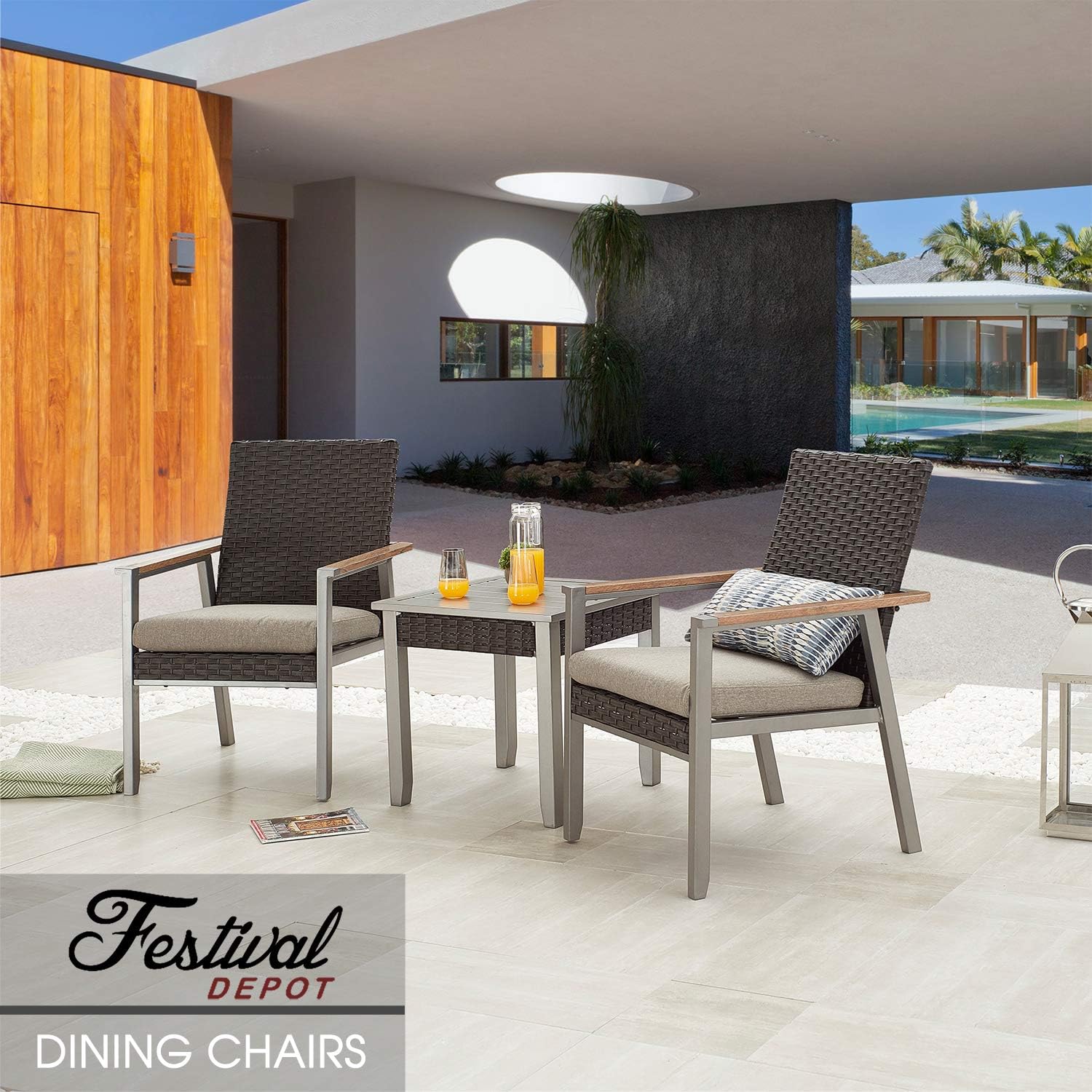 Festival Depot 2pcs Patio Armchair Set Metal Chair with Seat Cushions and Rattan Wicker Back Outdoor Furniture for Bistro Lawn Garden All-Weather