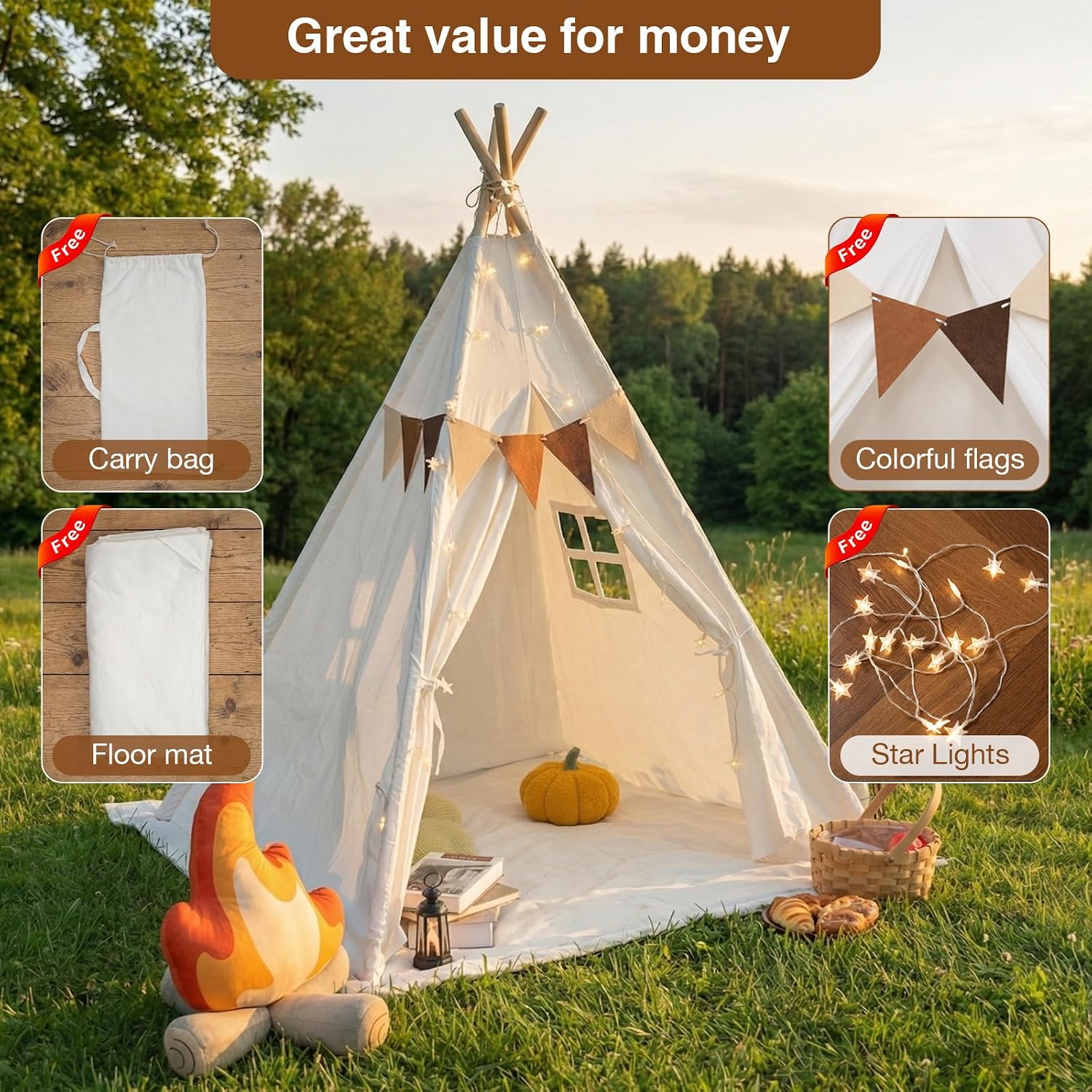 Kids Play Tent Set – Portable Teepee Tent for Toddlers with Mat & Star Lights, Washable and Foldable Indoor Play House for Baby Aging 1-3 as Reading Nook & Room Decor