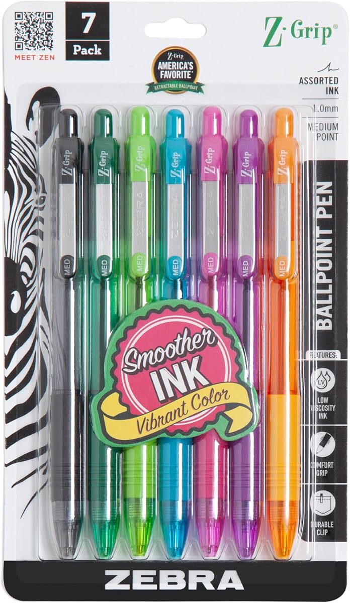 Bolígrafo retráctil Zebra Pen Z-Grip, tinta Asstd Fashion, 1,0 mm, paquete de 7 | Escritura suave, punta de punta media, ideal para planificadores, toma de notas, útiles escolares y de oficina y escritura diaria (22276)