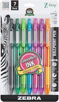 Zebra Pen Z-Grip Retractable Ballpoint Pen, Smooth-Flowing Assorted Fashion Colors, 1.0mm Medium Point, School & Office Supplies, Ideal for Note-Taking, Journal and Planner Use, 7-Pack 22276