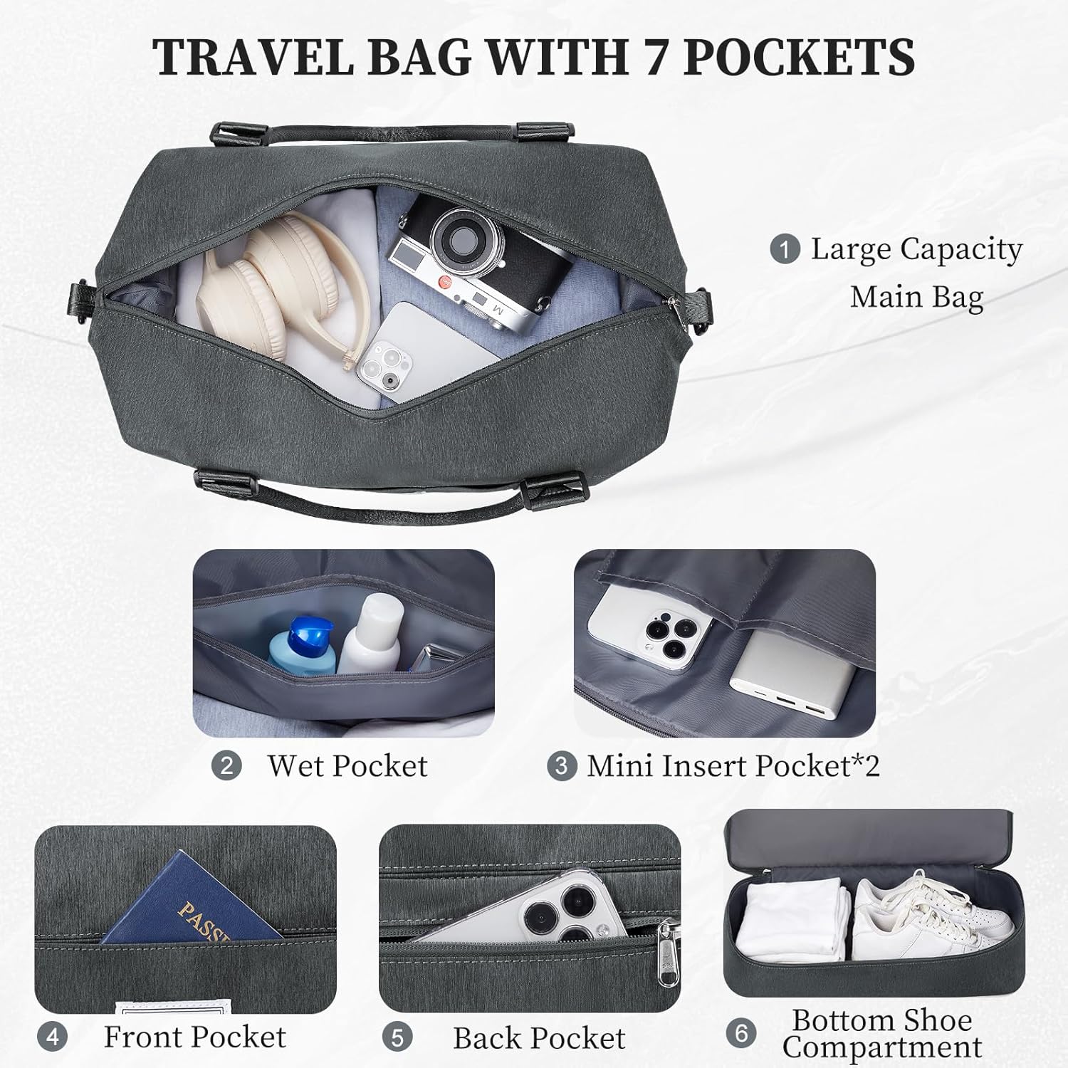 Weekender Bags for Women,Personal Item Travel Bag with Shoes Compartment,Overnight Travel Duffel Bag with Toiletry Bag,Large,Dark Grey - Image 5