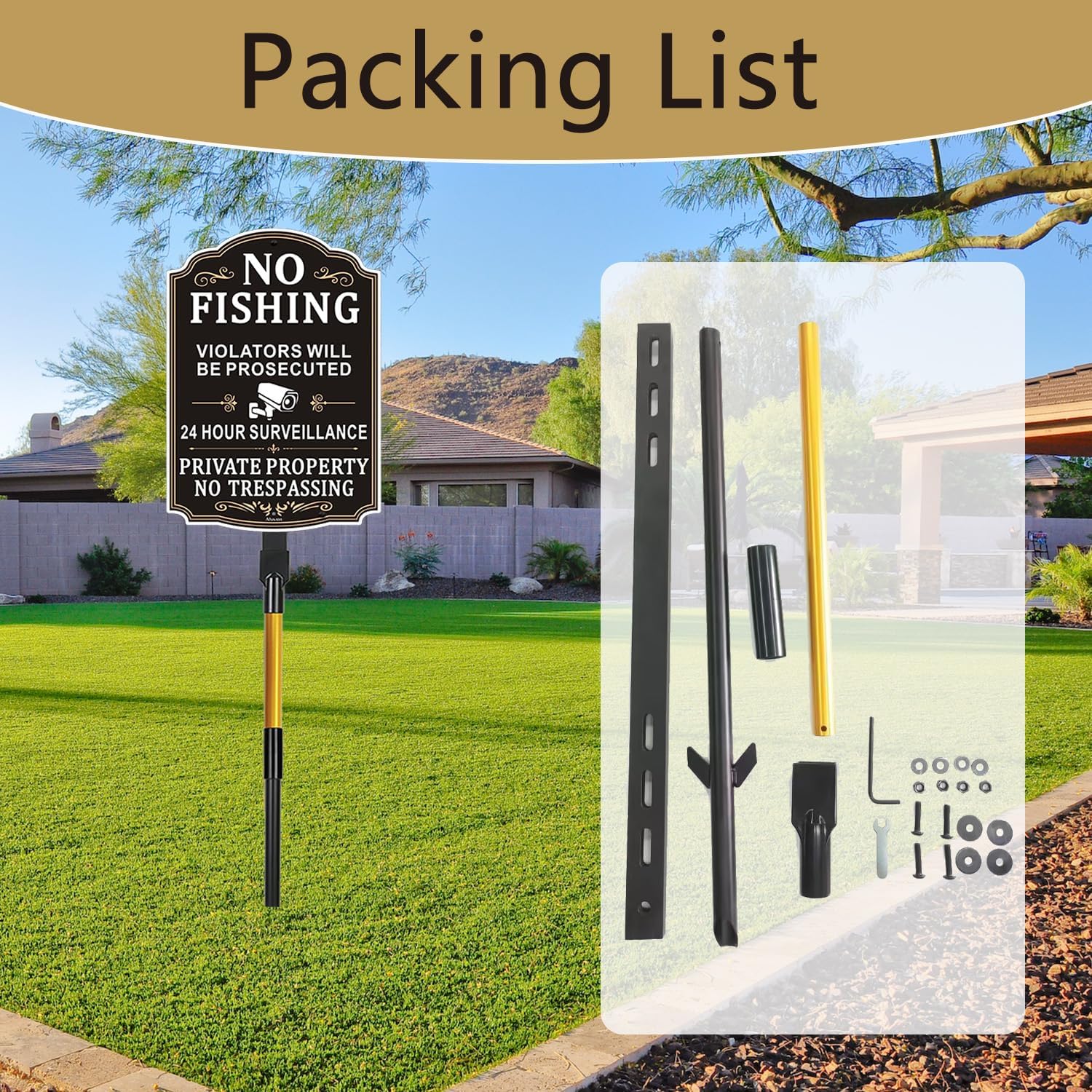 2 Pack 48 Inches Yard Stake for Outdoor Lawn 4ft Heavy Duty Metal Sign Holder Durable Posts for Outside Traffic Road Driveway Stand Parking Stop Durable Fits Signs 10 to 18 Inch Adjustable Black Gold