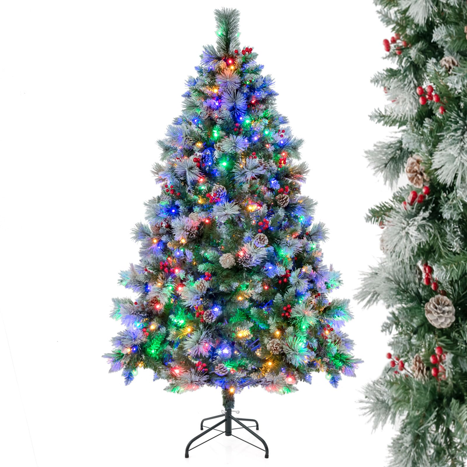 LIFEZEAL Sapin de Noël Artificiel de 180 cm/210 cm, recouvert de Neige, avec Pointes de Branches et Aiguilles de pin, Arbre Festif Lumineux avec Support, pour décoration de Noël (Vert+Blanc, 180cm)