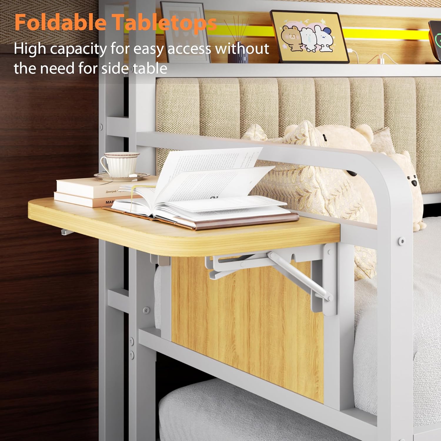 Daybed with Trundle and LED Light, Heavy Duty Metal Twin Bed Frame with Upholstered Storage Headboard & Charging Station, Day Bed Pop Up Trundle Bed Twin for Living Room,Bedroom and Guest Room, White