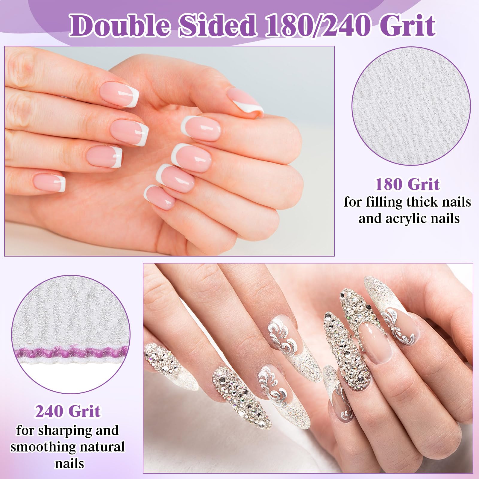 Xinnun Lot de 150 limes à ongles double face - Grain 180/240 - Professionnelles - Réutilisables - Pour ongles en acrylique - Pour salon de maison