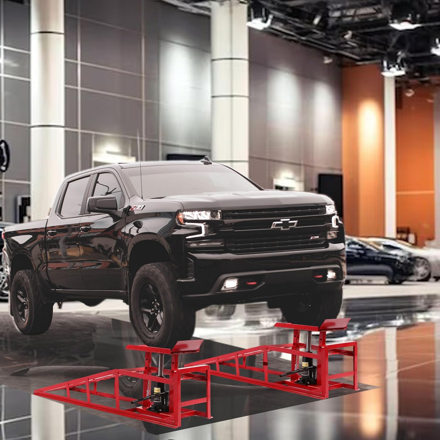 Car Ramps 2 Pack Car Ramps for Oil Changes Heavy Duty Steel Hydraulic High Lift Service Vehicle Ramps 5T 11023 Lbs Automotive Truck Wheel Ramps with Support Jack for DIY Auto Beauty (Auto Red)