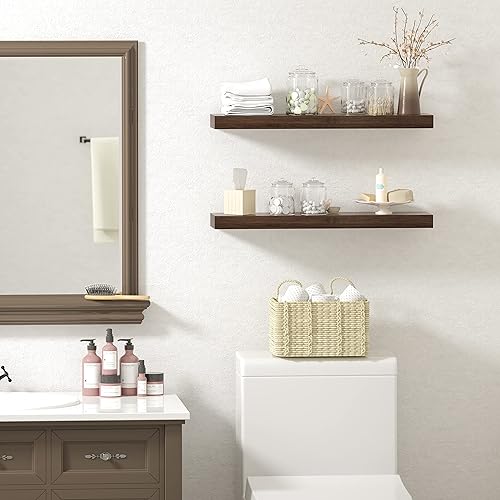 Miniatura 5 de BAMFOX Juego de 2 estantes flotantes estantes de pared de bambú natural estantes de pared para montaje en pared estante de exhibición con gran