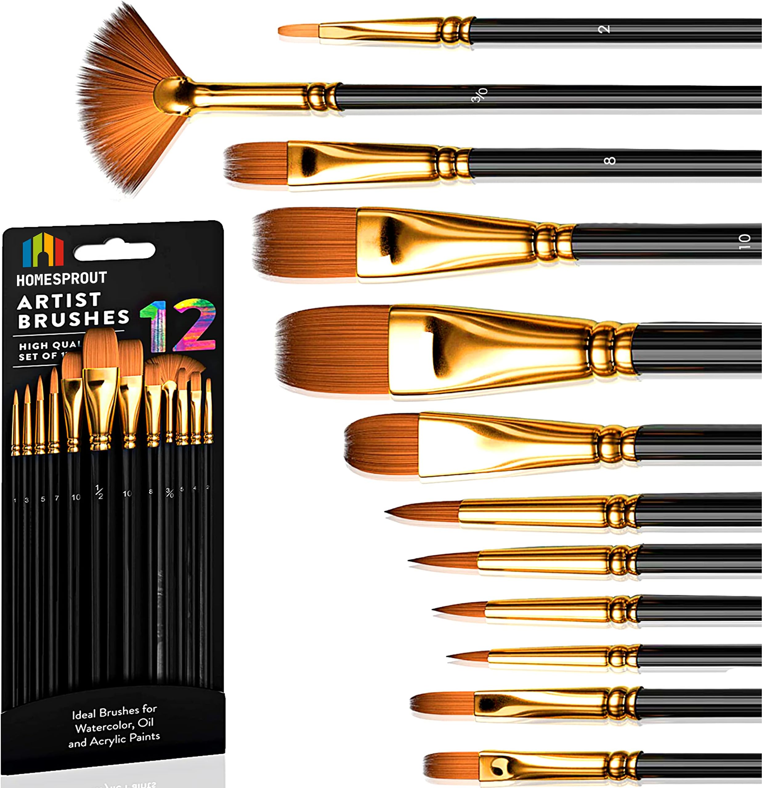 12 Pcs Artist Paint Brushes Acrylic Paint Brushes for Acrylic Oil Watercolor, Facial Nail Art, and Rock Painting Artist Paint brush Kit for Canvas, Gouache, and Fabric Paint Brushes Kit