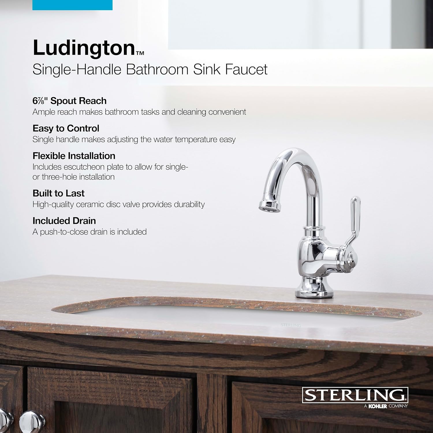 Sterling 27374-4-BN Ludington Single-Handle Bathroom Sink Faucet, 1.2 GPM, 360 Spout, Clicker Drain with Tailpiece, Premium Durable Metal, Corrosion Resistant, Vibrant Brushed Nickel