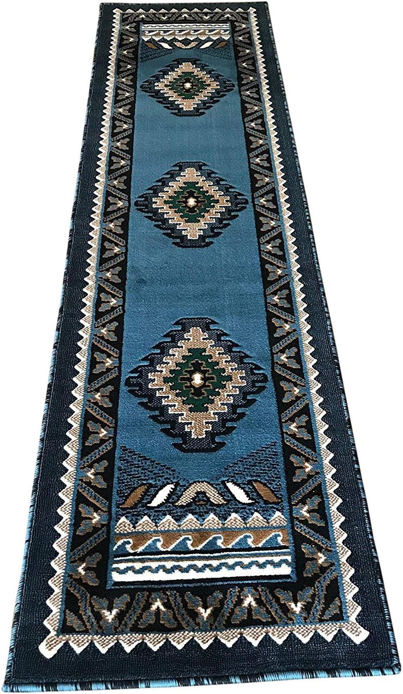 Kingdom Southwest Native American Indian Runner Rug Blue & Green D143 (2 Feet X 7 Feet)