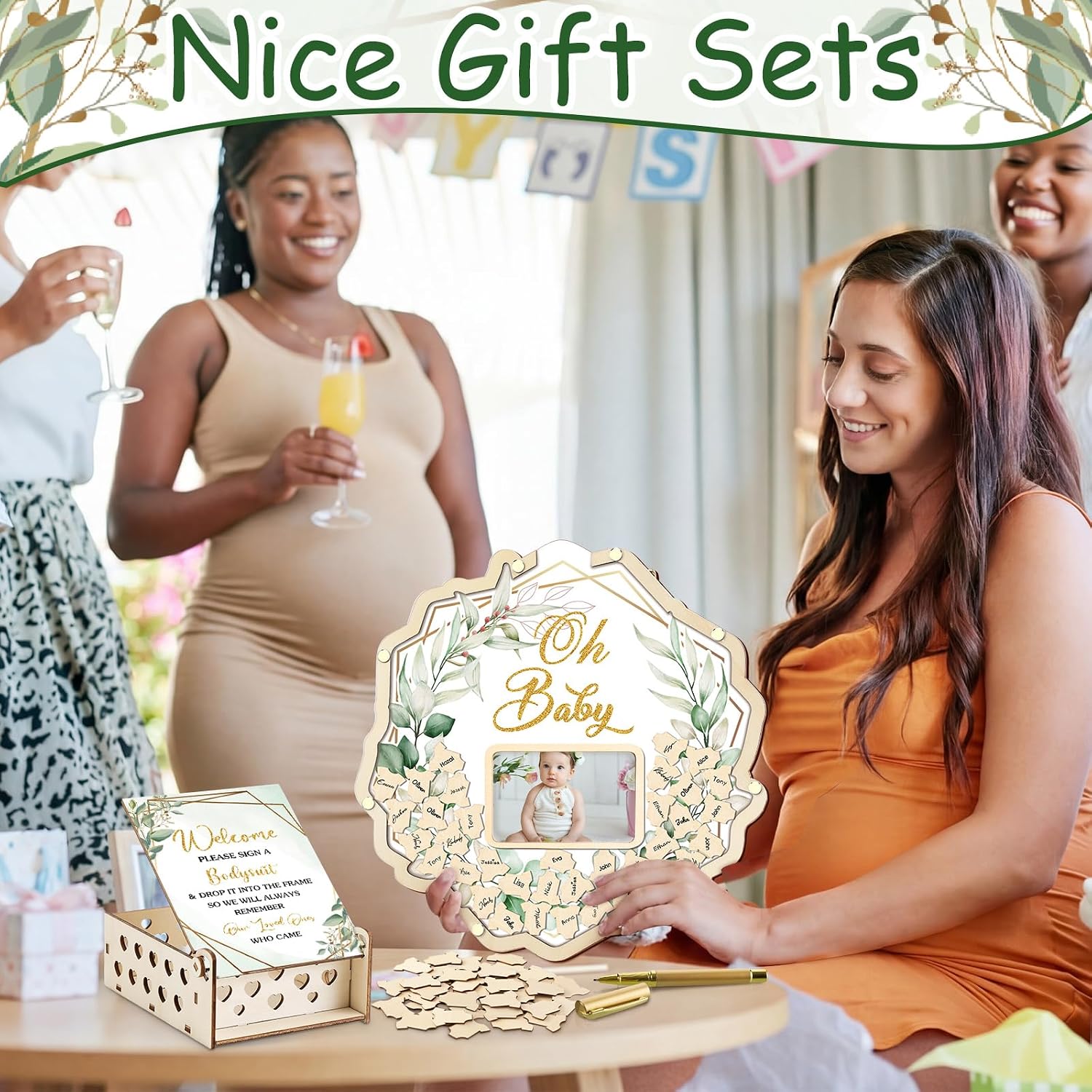 Wenqik 63 Pcs Green Leaves Baby Shower Guest Book Alternatives Set Baby Shower Decorations with Photo Frame Sonogram Frame Keepsake 60 Wood Slices Guest Book for Birthday