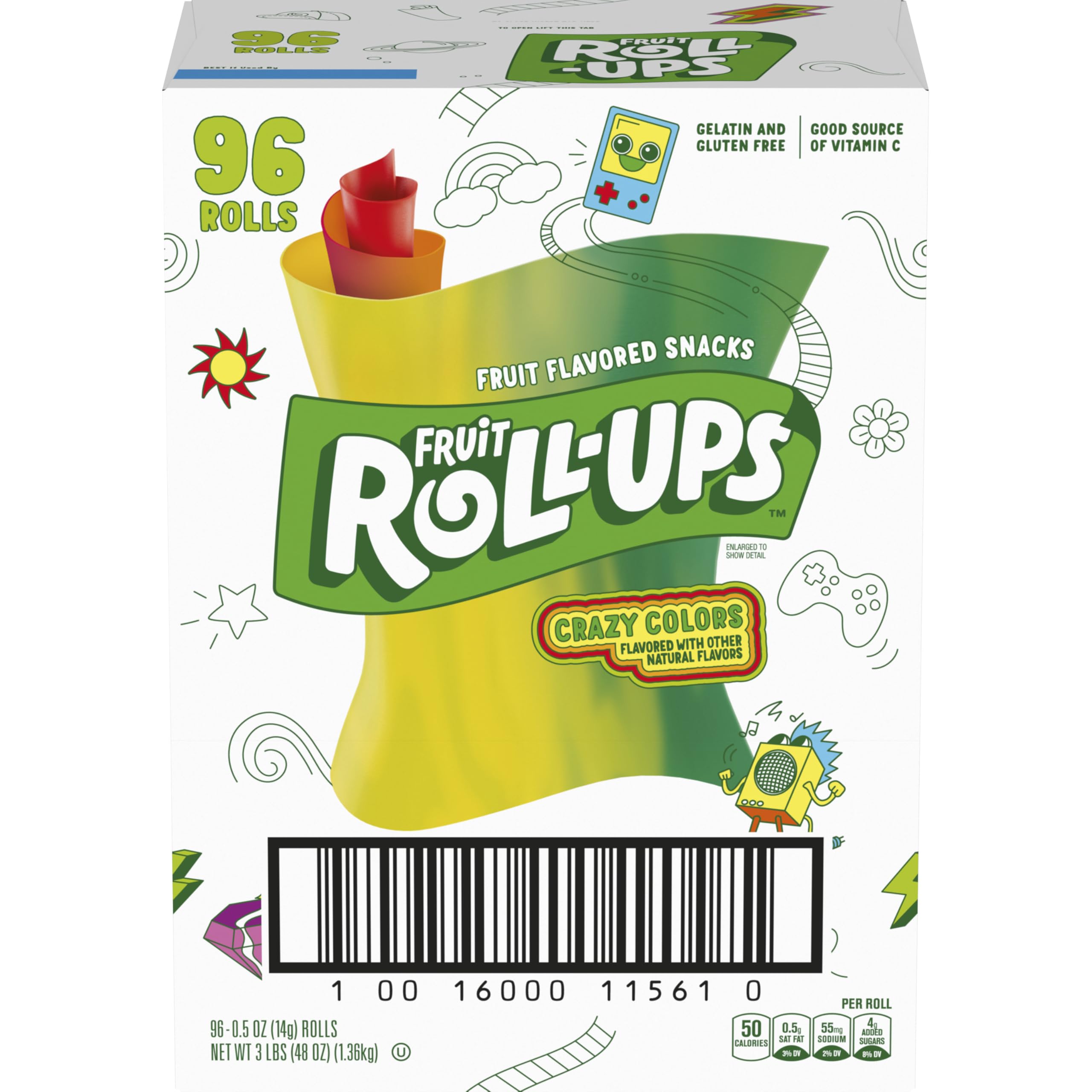 Fruit Roll Ups, Crazy Colors, 0.5 Oz, 96 Count