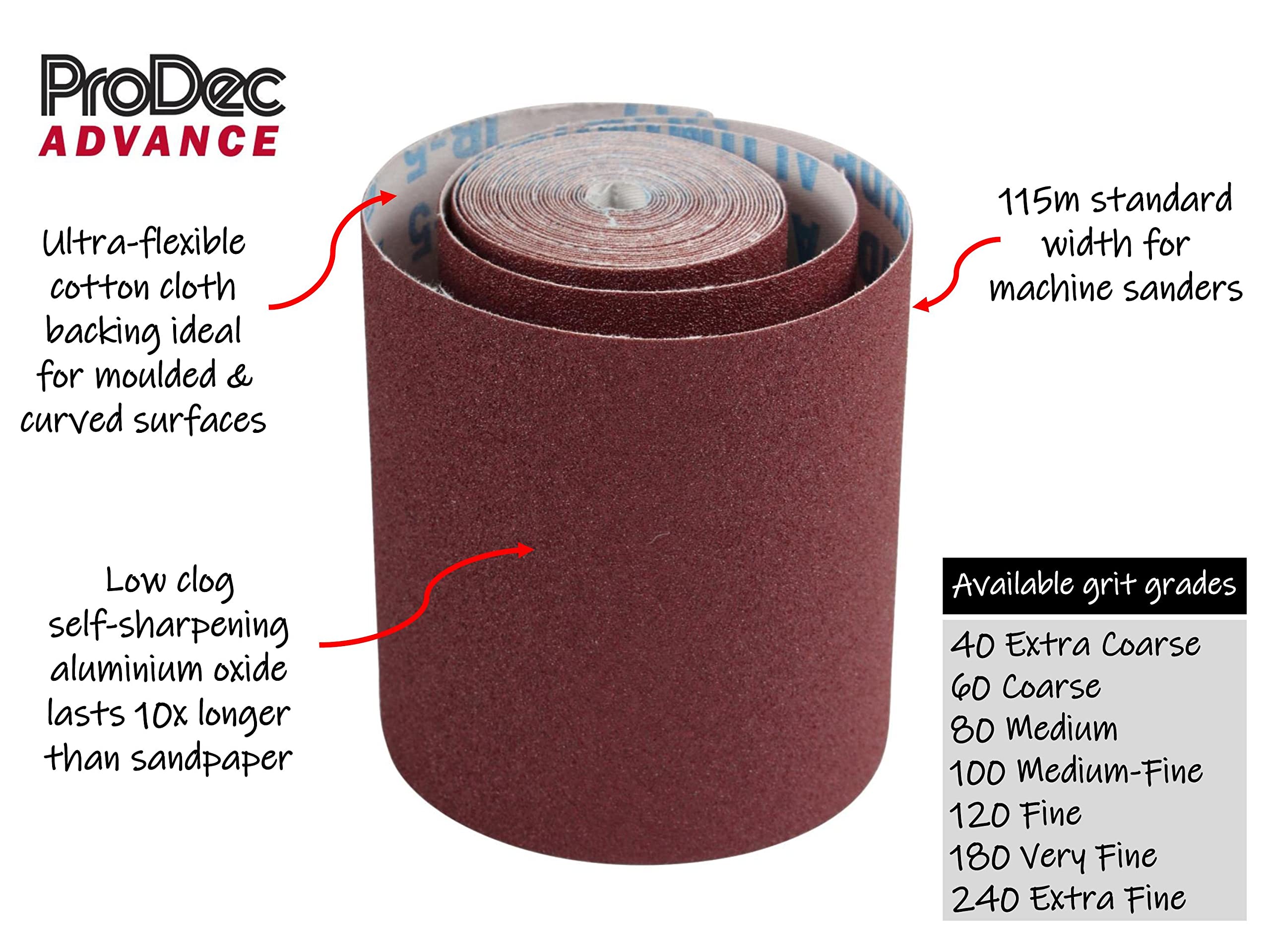 ProDec Advance Rollo de 5m 180 Grit Grado muy fino ProFlex Papel de lija de óxido de aluminio ultra flexible resistente a las grietas para lijar madera, pintura, yeso, masilla, metal y más